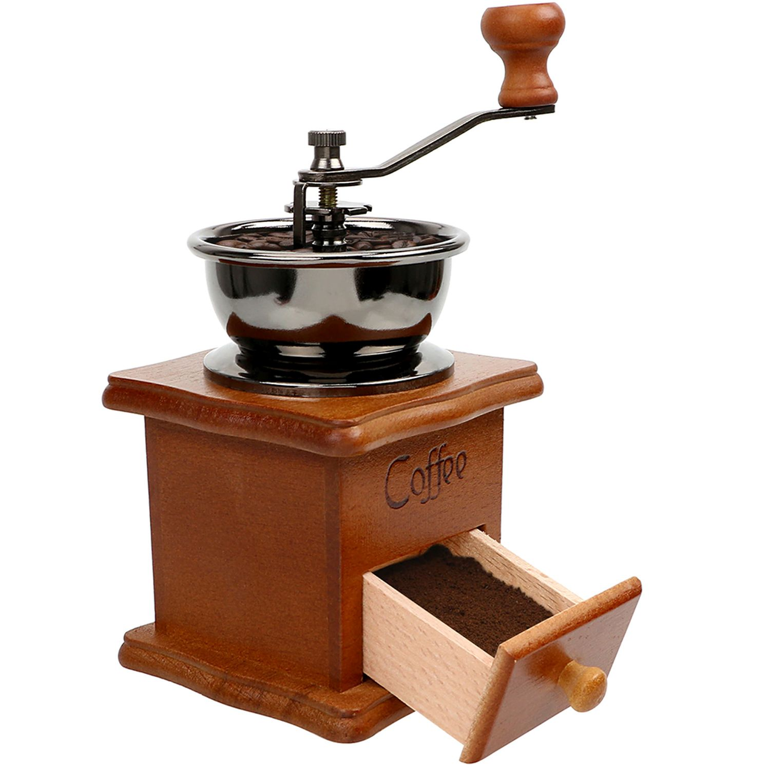 Kaffeemühle aus Holz mit Schublade und Kaffeebohnen, isoliert auf weißem Hintergrund.