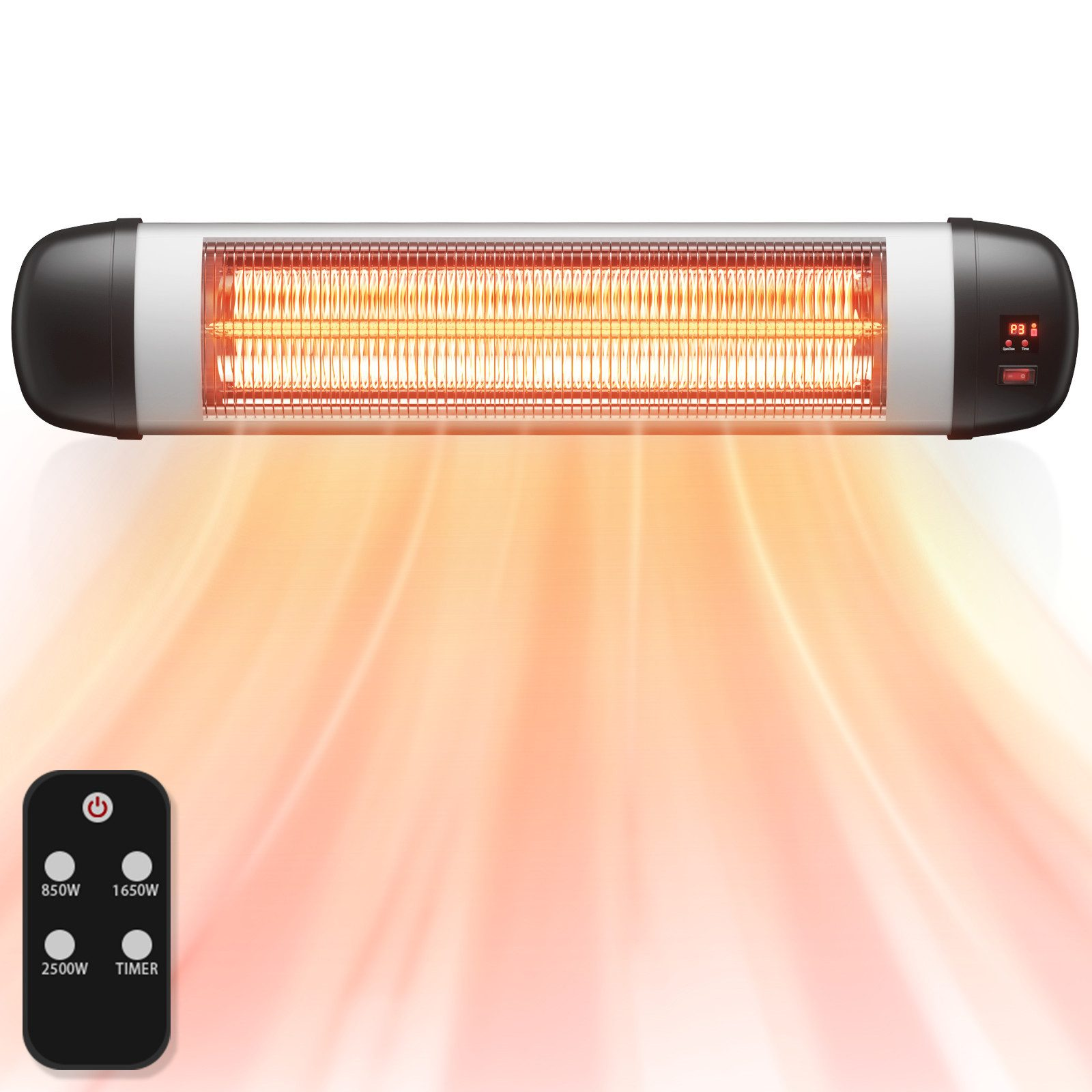 Riscaldatore a infrarossi argento e nero con telecomando. Emette onde di calore arancioni.