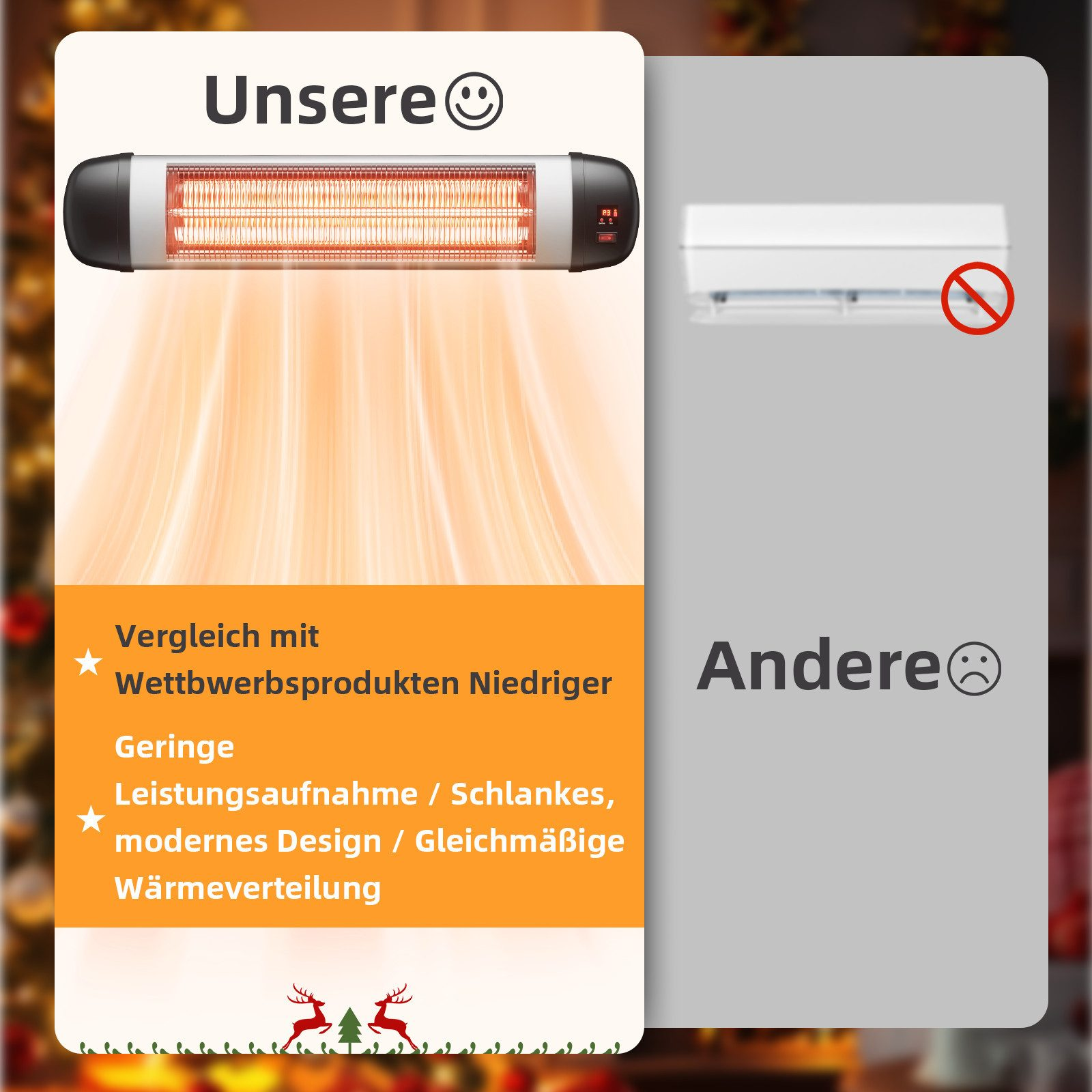 Ein Infrarot-Heizgerät mit Text, das es mit anderen vergleicht, mit Weihnachtsbaum im Hintergrund.