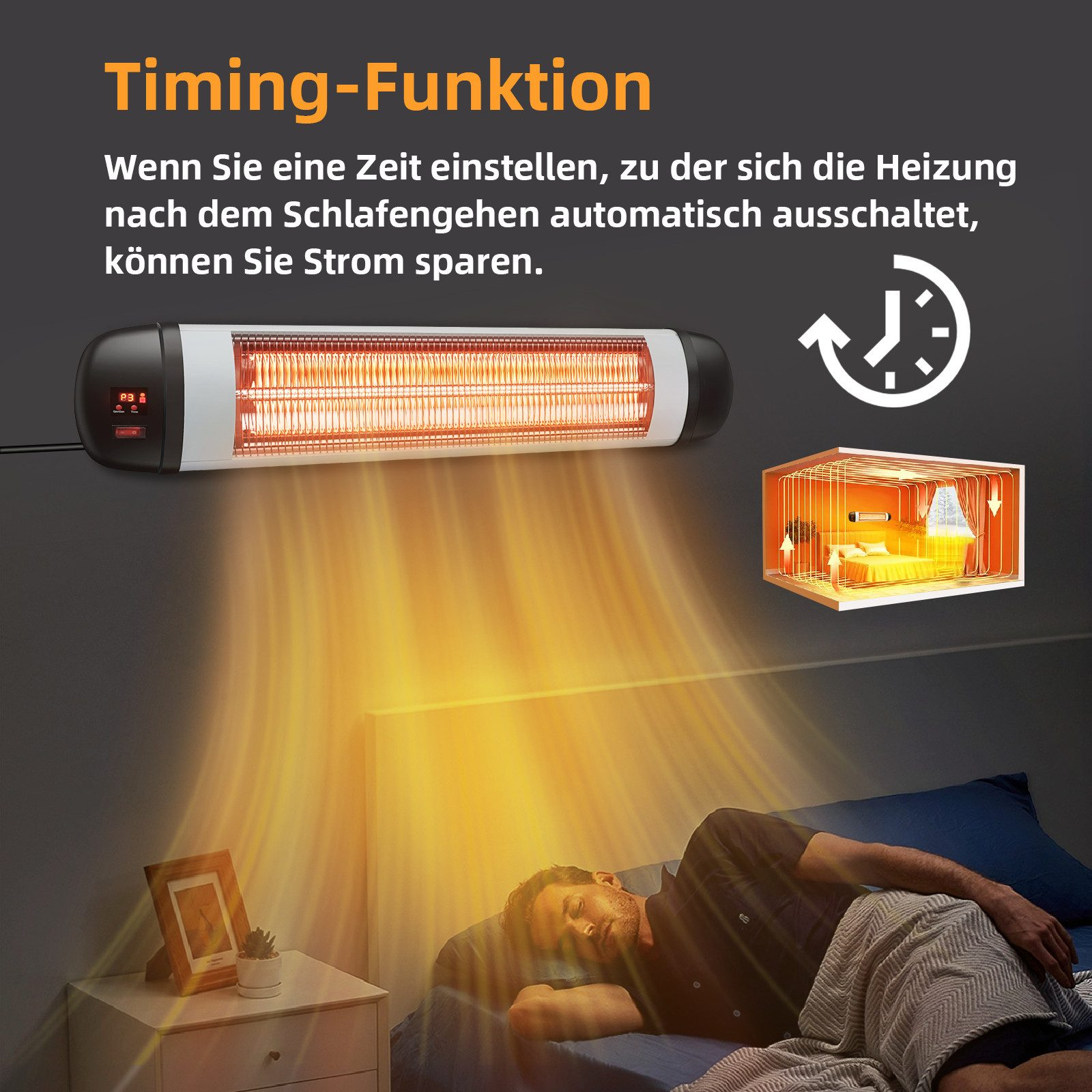 Heizung mit Zeitfunktion, zeigt einen Mann im Bett, mit einem Bild und einer Uhr.