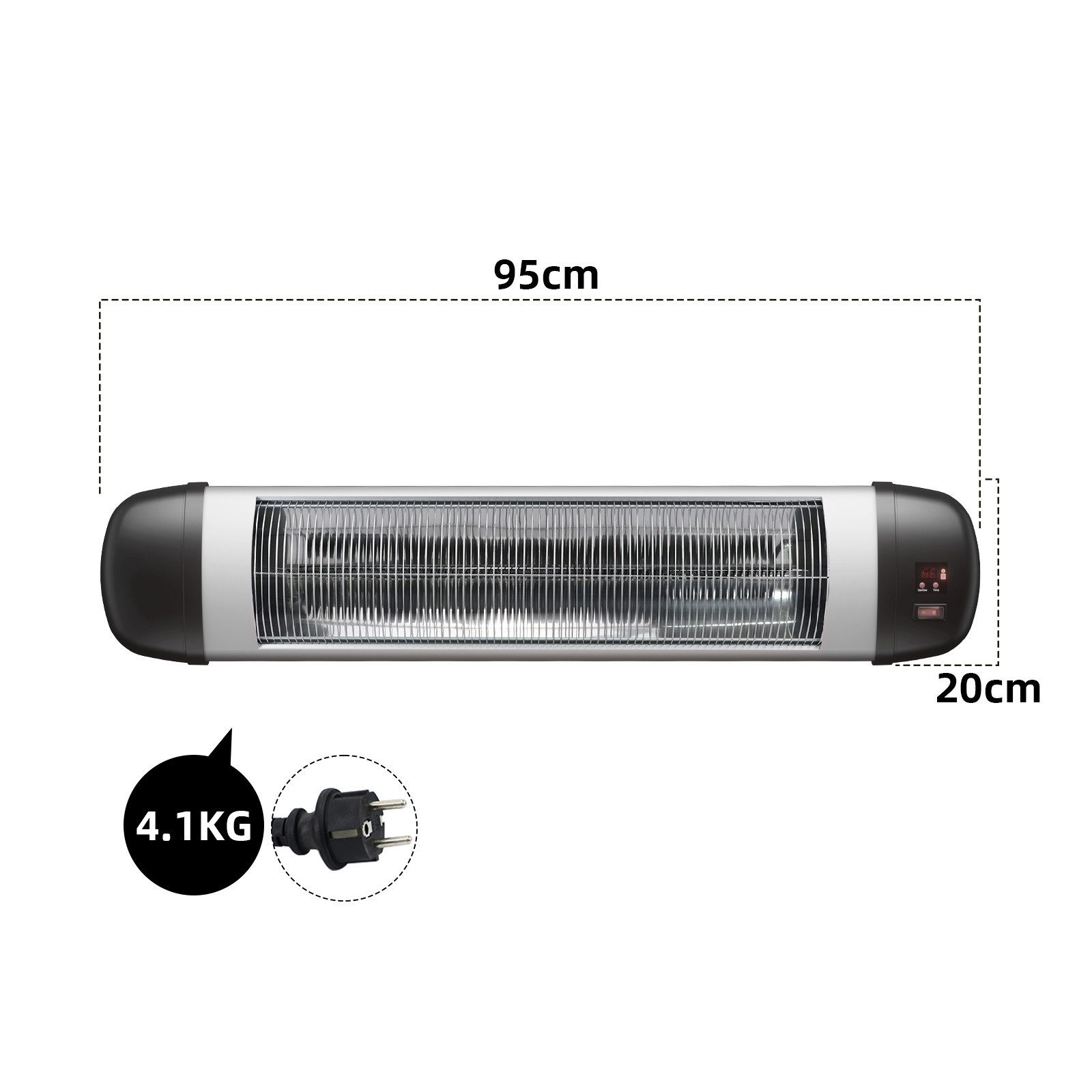 Czarny i srebrny grzejnik zewnętrzny z wymiarami i informacjami o wadze.