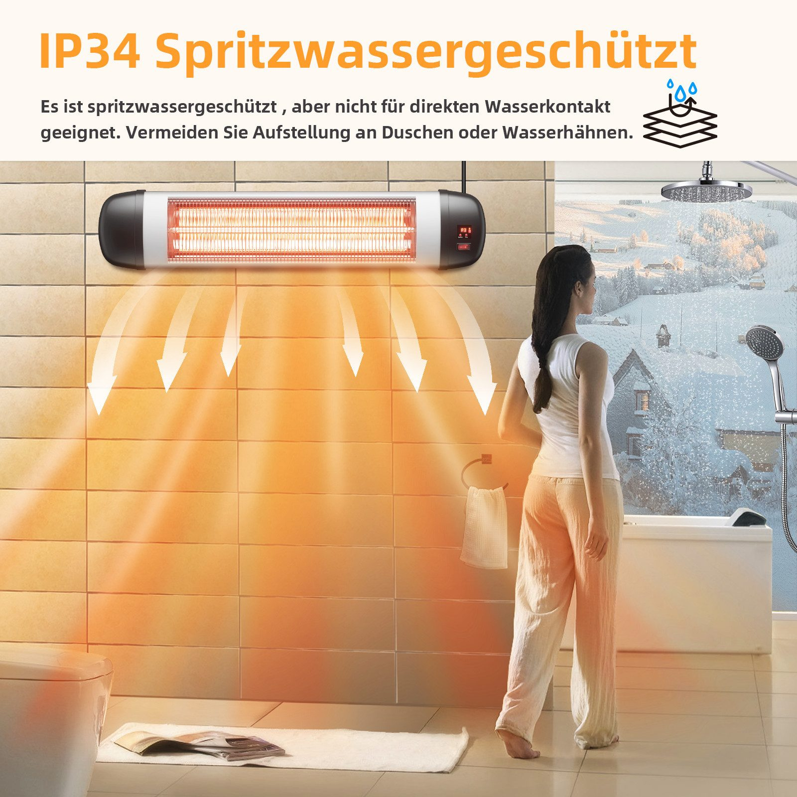 Eine Frau steht in einem Badezimmer mit einem Heizgerät an der Wand. Das Heizgerät hat eine Anzeige.