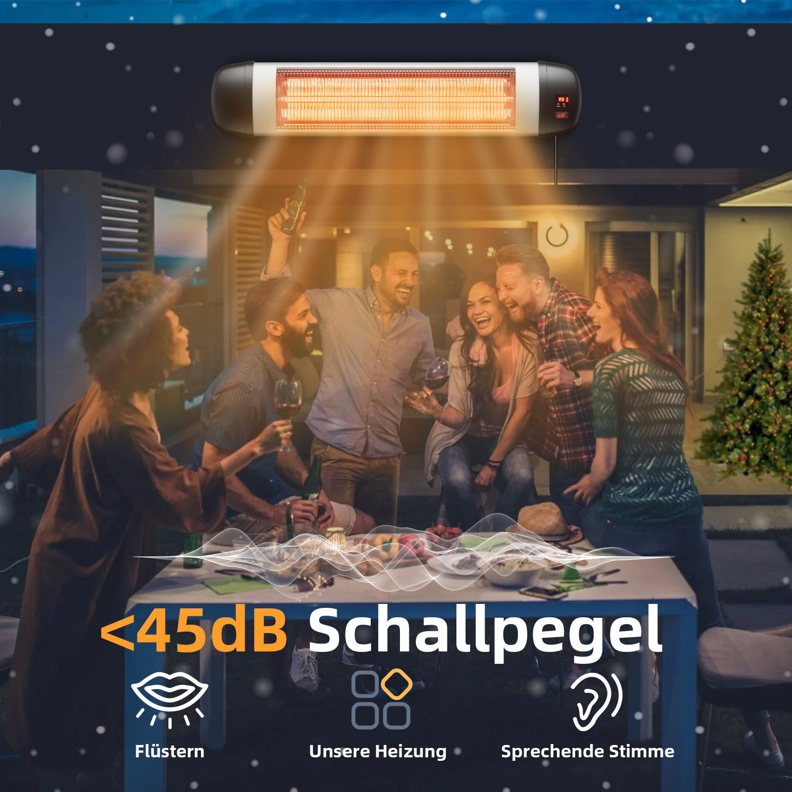 Grupa osób na spotkaniu na świeżym powietrzu z grzejnikiem. Widoczne są płatki śniegu.