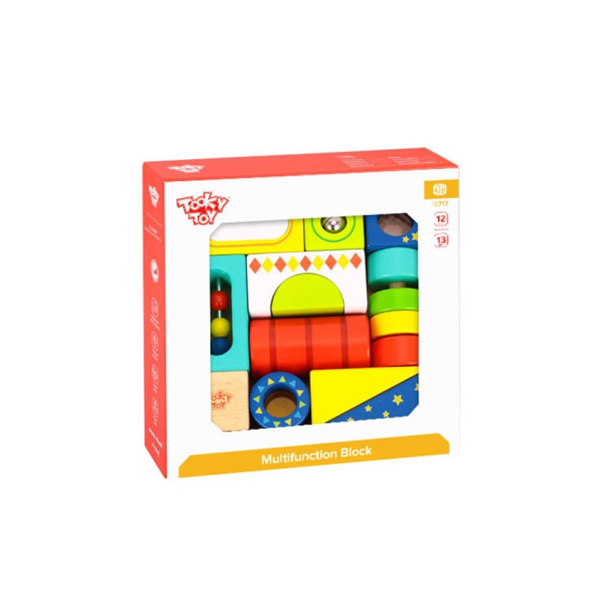 Ein farbenfrohes Holzspielzeug-Block-Set in einer Box, mit verschiedenen Formen und Farben sichtbar.