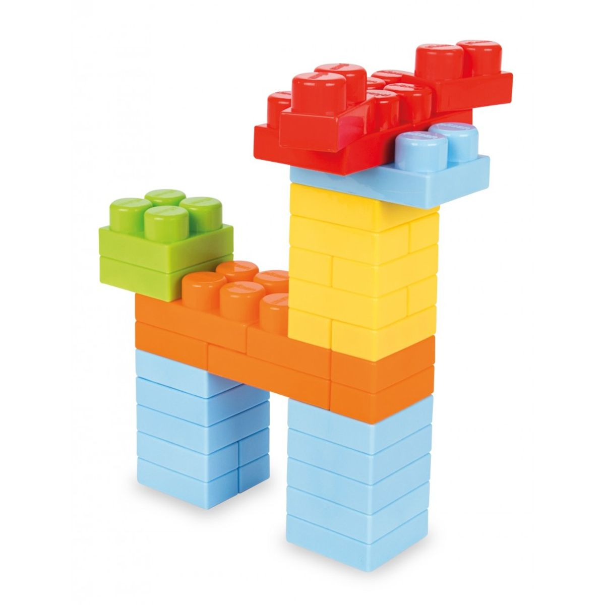 Eine Giraffe aus bunten Bausteinen. Rote, grüne, orangefarbene, gelbe und blaue Blöcke werden verwendet.