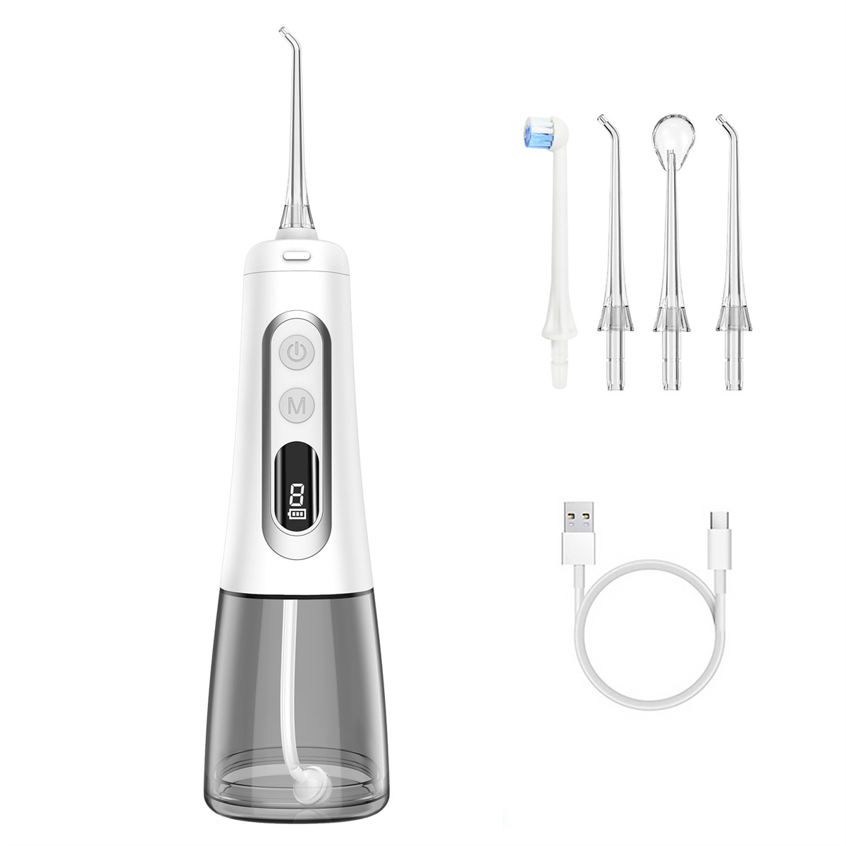 Ein weiß-grauer Wasserflosser mit mehreren Aufsätzen, einem Ladekabel und einem Bürstenkopf werden gezeigt.