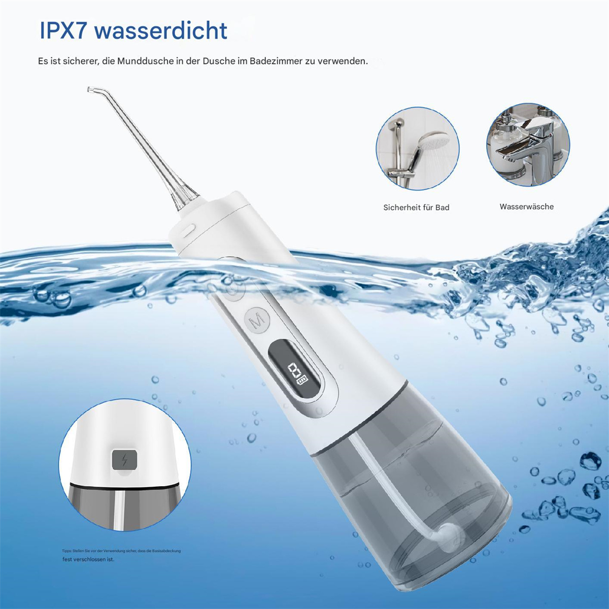 Gezeigt wird ein weiß-grauer Wasserflosser mit Wassertröpfchen. Ein kleines Bild von Dusche und Wasserhahn.