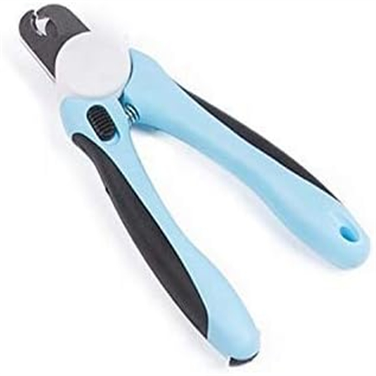 Blaue und schwarze Krallenschere für Haustiere. Weißer Knopf ist sichtbar.