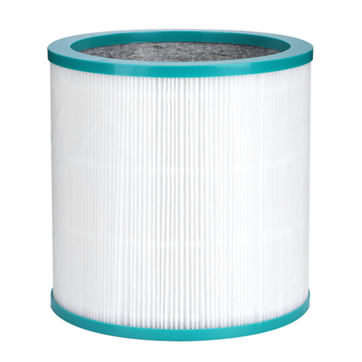 Zylindrischer Luftfilter mit grünen Rändern. Weißes Filtermaterial innen.
