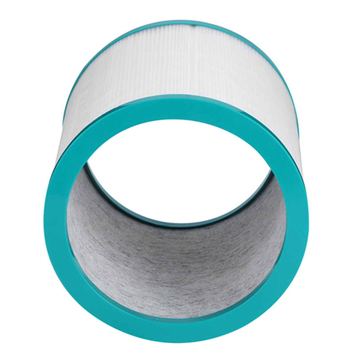 Ein Luftfilter mit cyanfarbenem Rahmen und weißem, plissiertem Filtermaterial, von oben betrachtet.