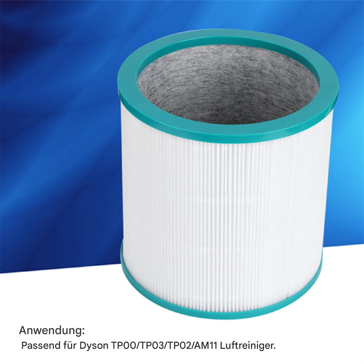 Luftfilter mit teal und weißem Design. Text unten sagt 'Anwendung' dann eine Beschreibung.