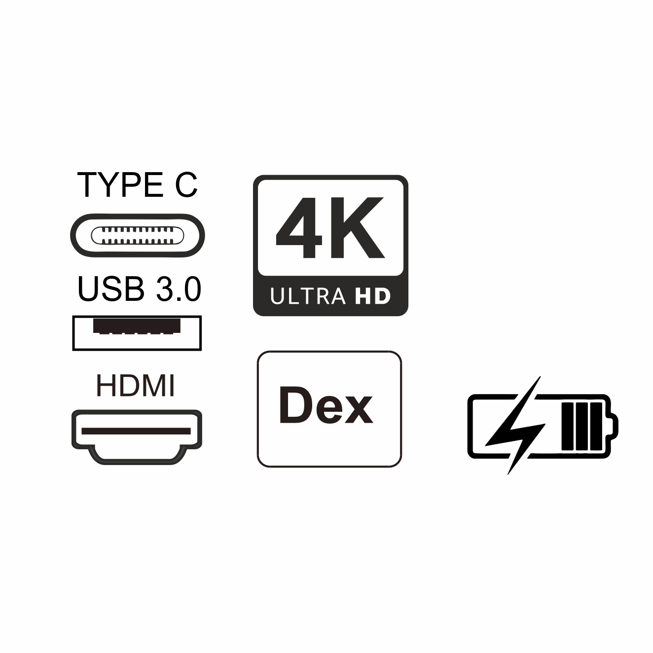 Icone per Tipo C, USB 3.0, HDMI, 4K Ultra HD, Dex e una batteria. Sono tutti in bianco e nero su sfondo bianco.