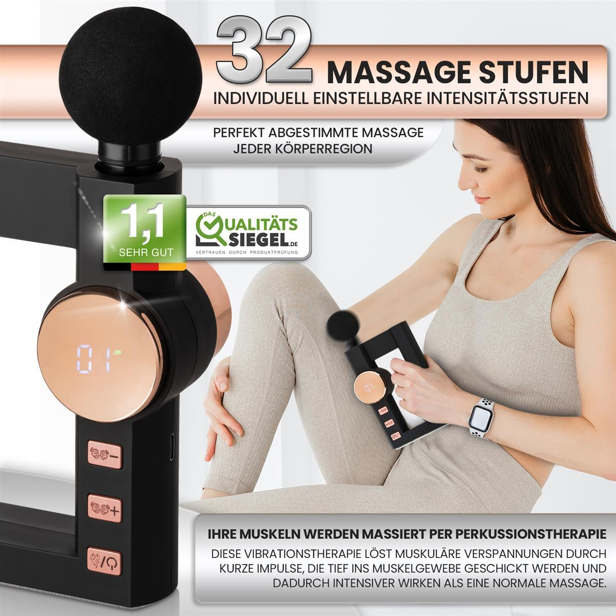 Frau benutzt Massagepistole. Die Pistole ist schwarz und gold. Text auf der Pistole lautet '01'.