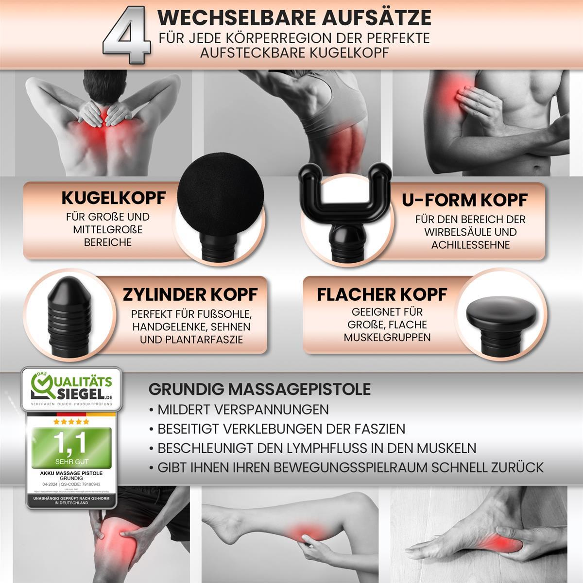 Massagepistole mit austauschbaren Aufsätzen. Vier Aufsatztypen mit Körperteil-Illustrationen gezeigt.