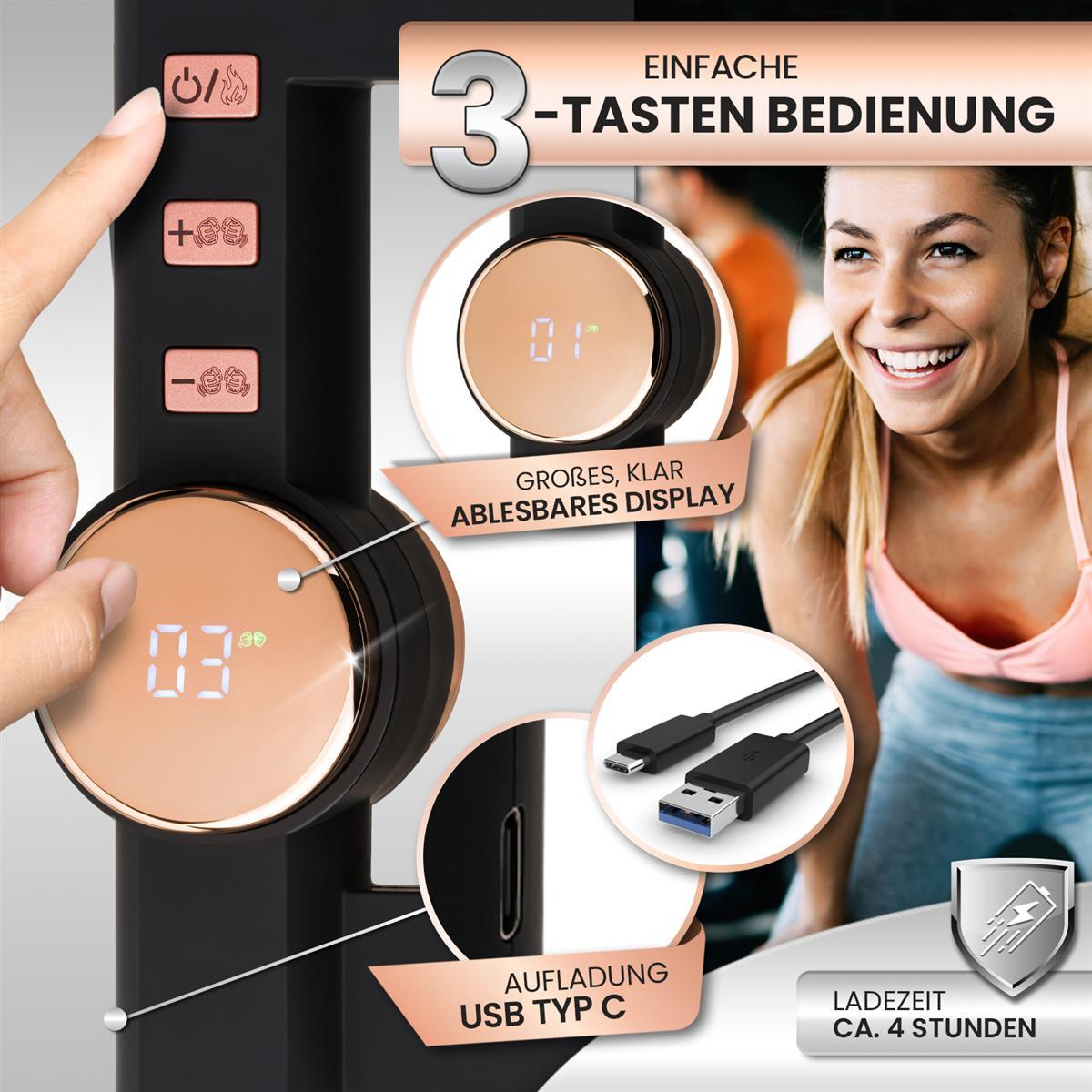 Hand einer Frau zeigt auf ein Gerät mit Display. Das Display zeigt Zahlen. USB-Typ-C-Anschluss sichtbar.