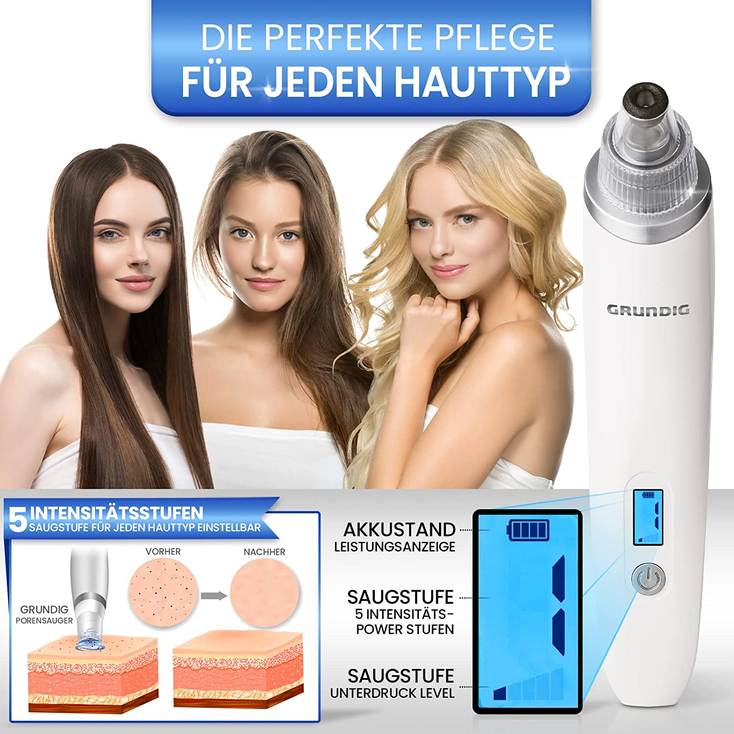 Drei Frauen und ein Porenstaubsauger. Das Gerät hat ein digitales Display und Hautpflegeaufsätze.