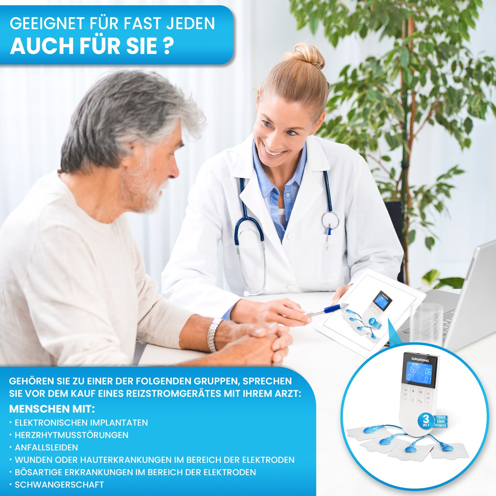 Arzt berät Patient, zeigt medizinisches Gerät.