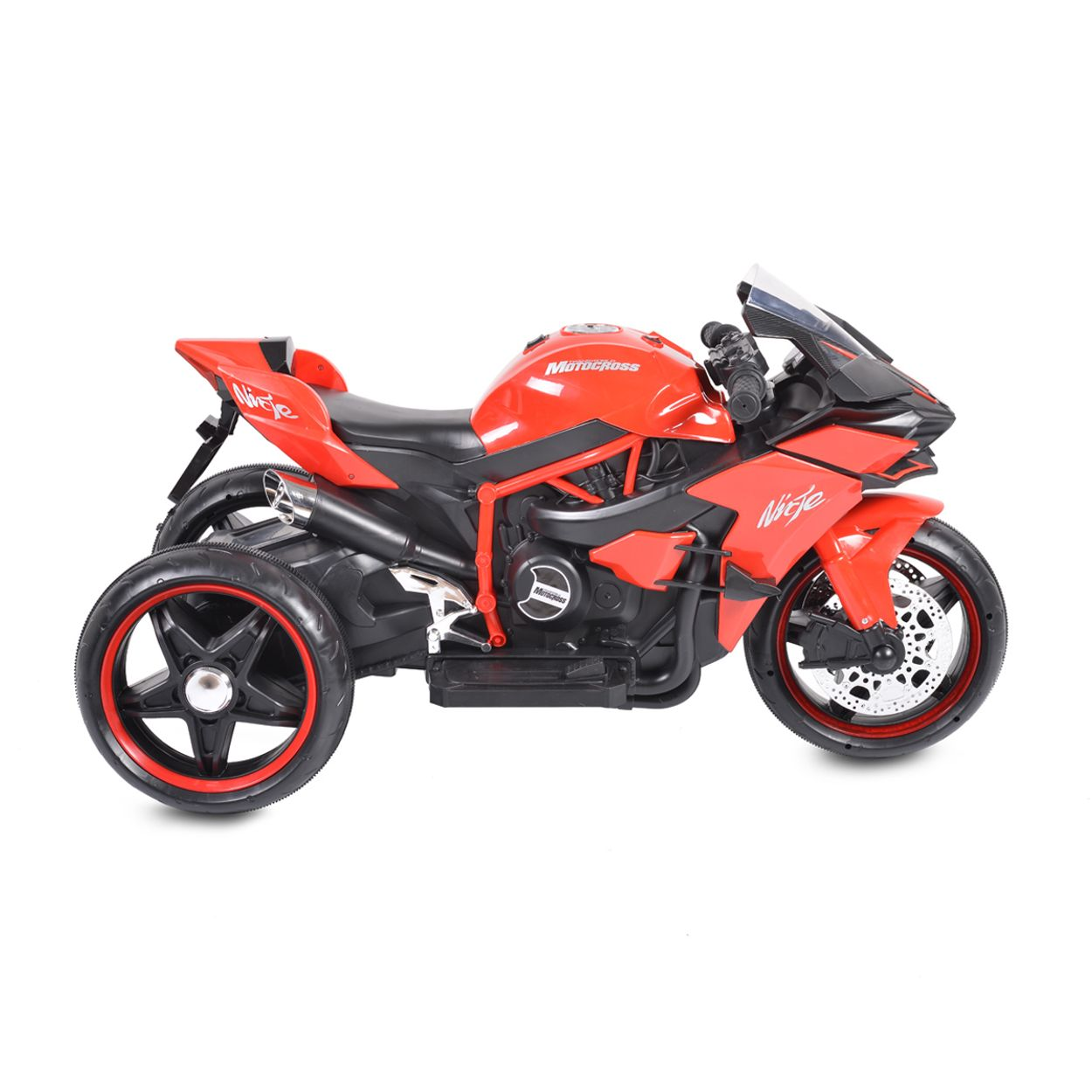 Rotes Spielzeugmotorrad mit drei Rädern auf weißem Hintergrund.