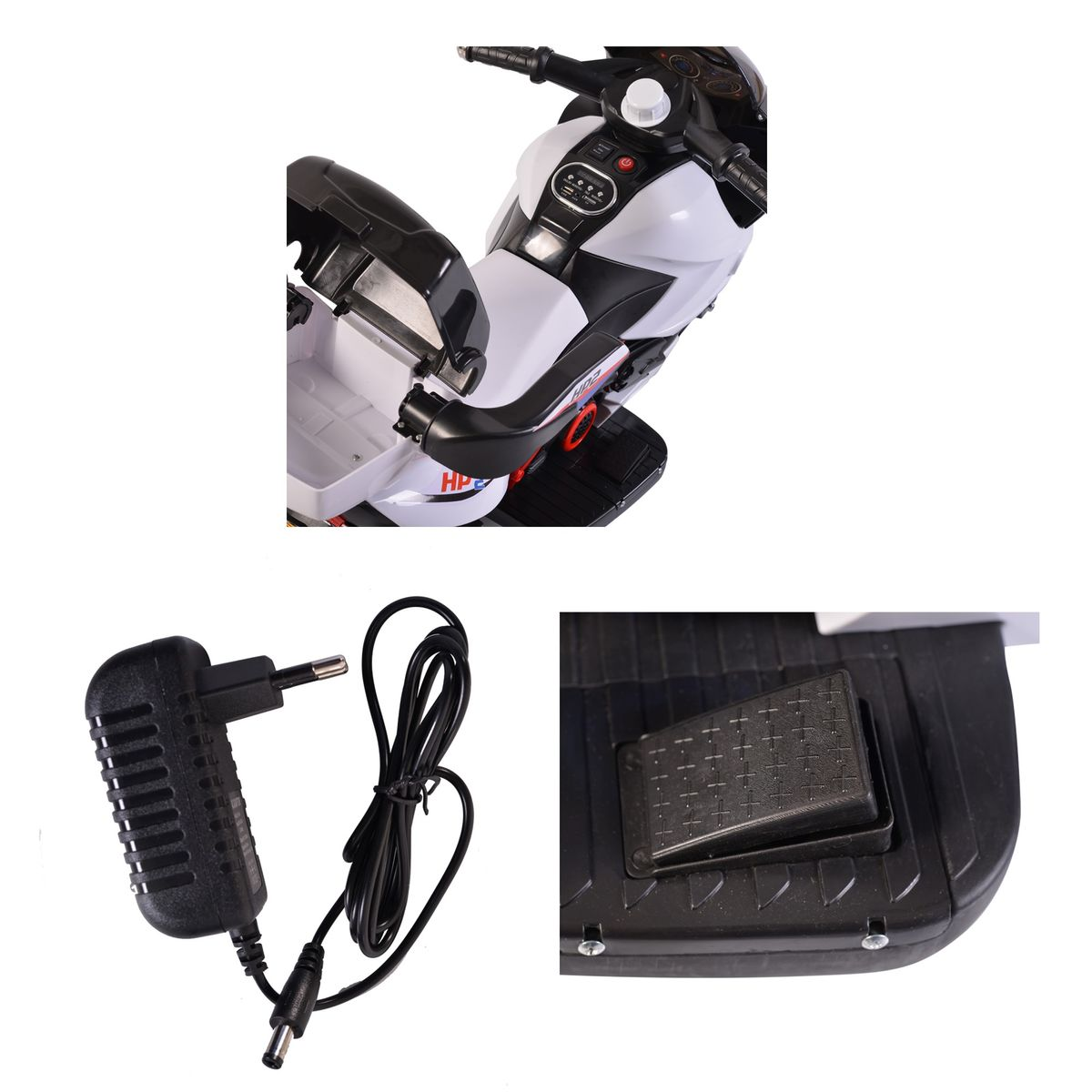 Spielzeugmotorrad mit Ladegerät und Fußpedal. Das Motorrad ist weiß und schwarz.