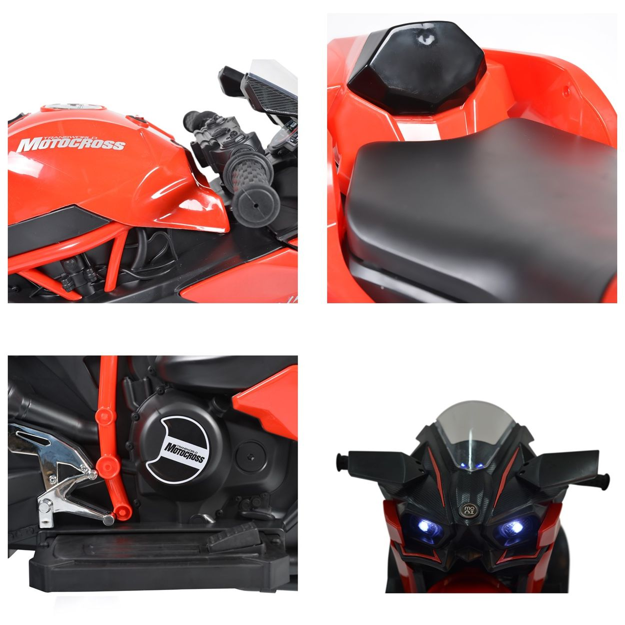 Vier Ansichten eines roten Spielzeug-Motocross-Motorrads. Zeigt Details von vorne, oben und der Seite.