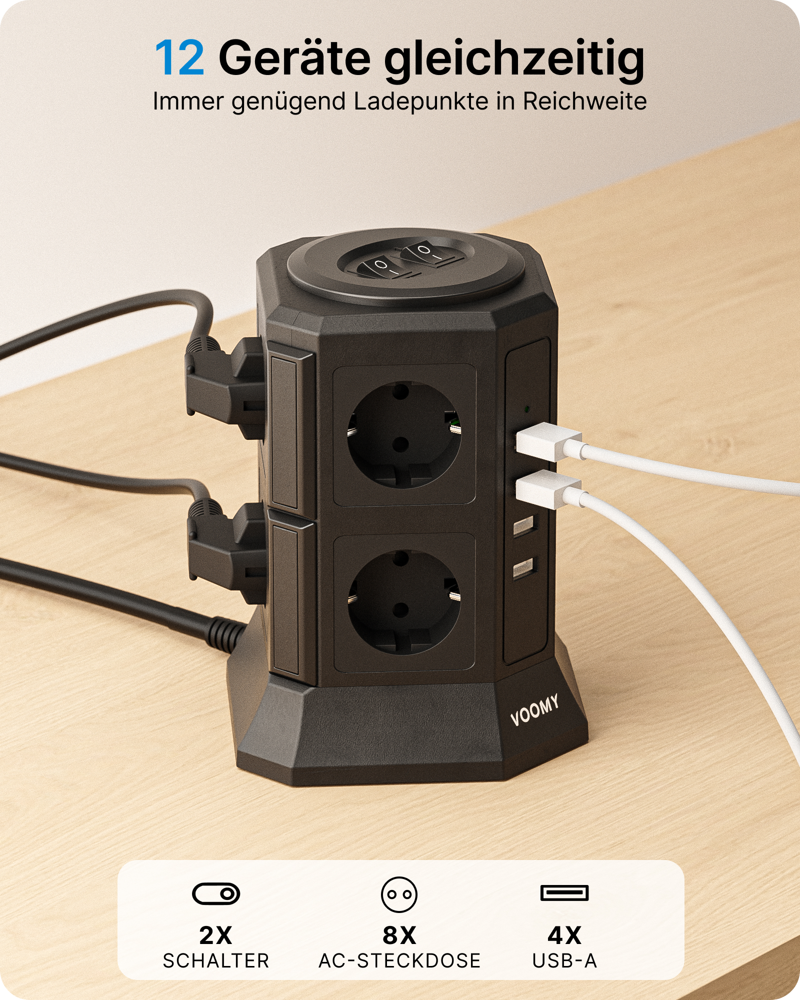 Schwarzer Steckdosenleisten-Turm. Hat mehrere Steckdosen und USB-Anschlüsse. Hat 12 Steckplätze.