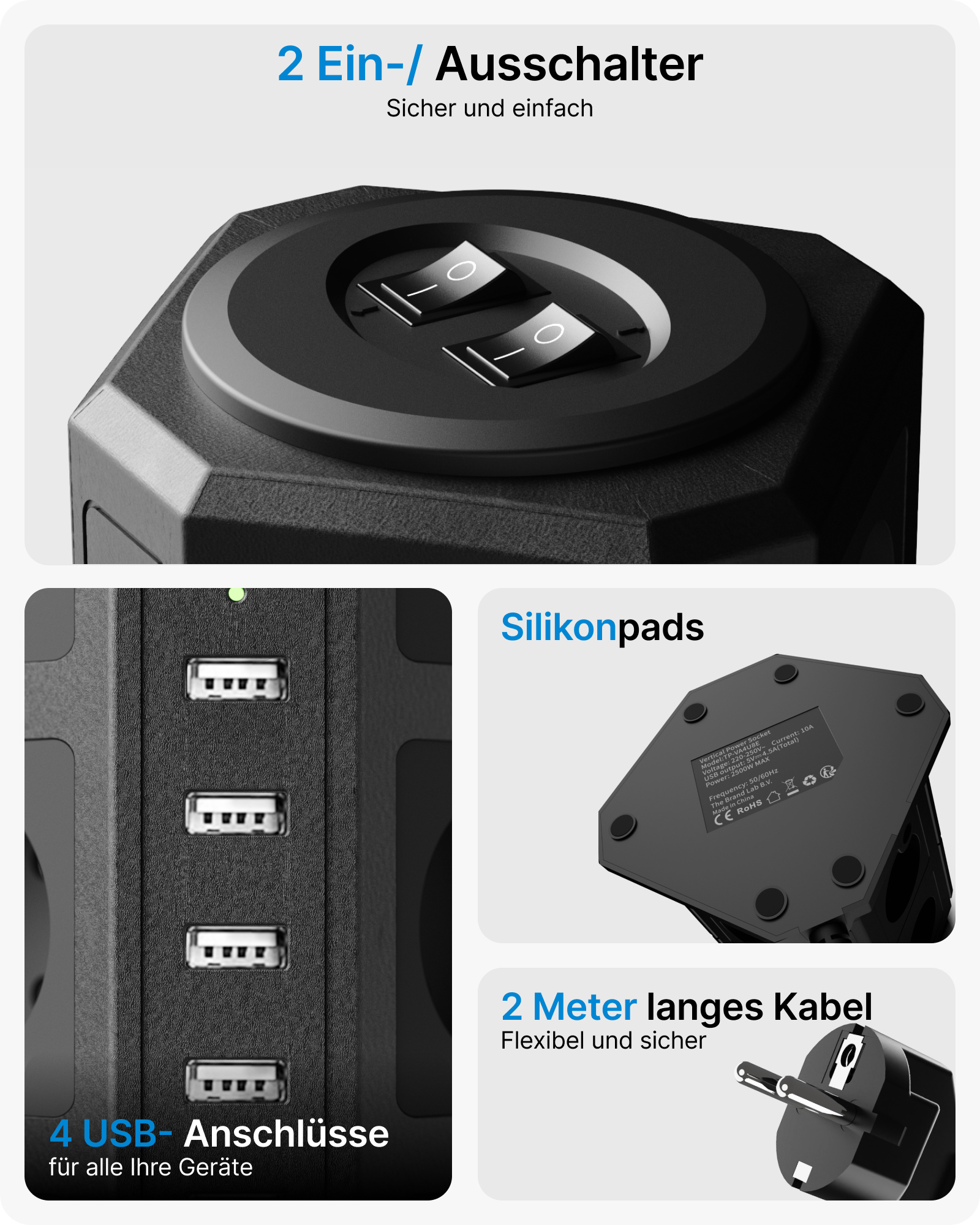Eine schwarze Steckdosenleiste mit mehreren USB-Anschlüssen und Schaltern. Der Boden hat einen Stecker und eine Nahaufnahme des Sockels.