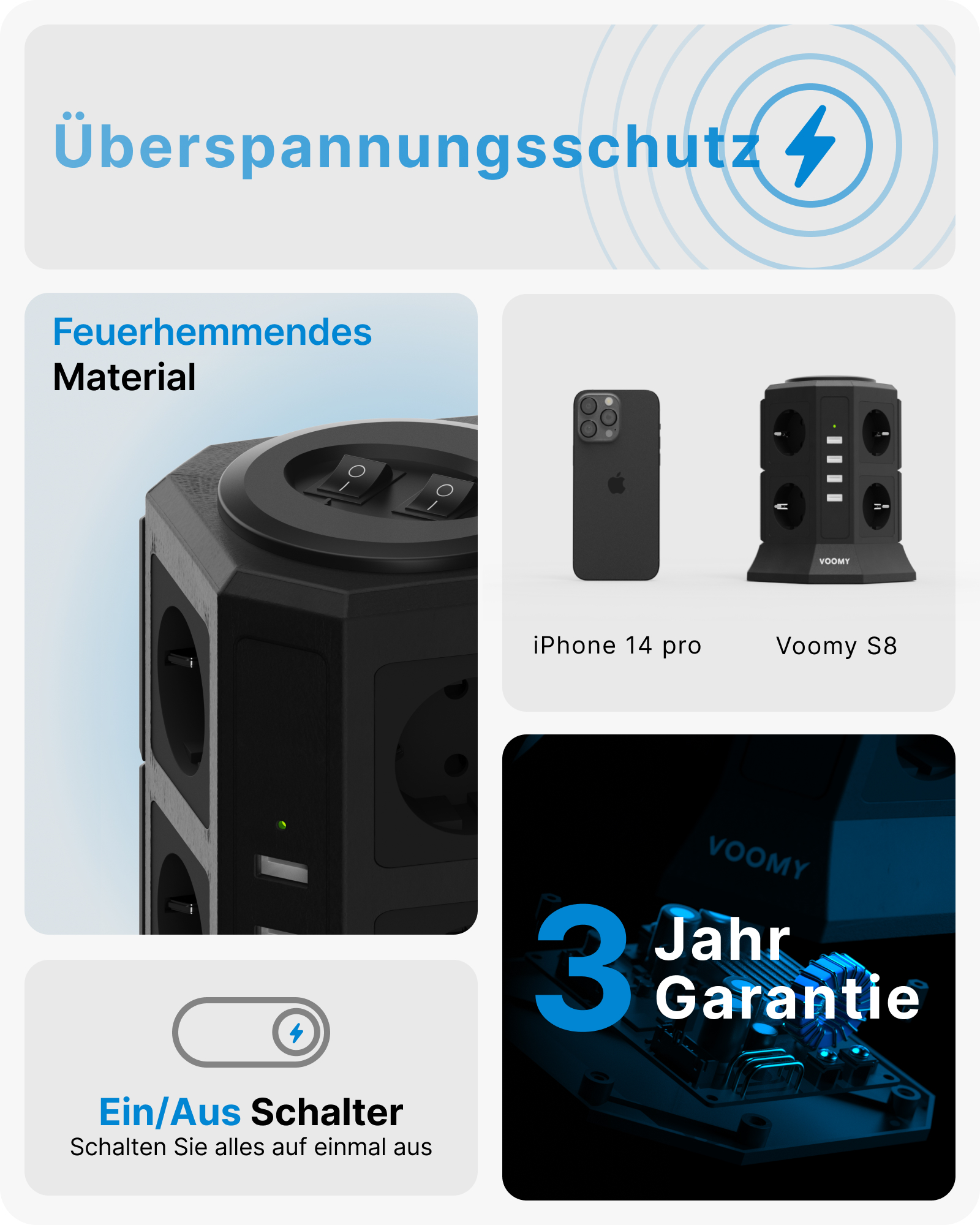 Eine schwarze Steckdosenleiste mit mehreren Steckdosen, ein Telefon und ein 3-Jahres-Garantie-Etikett.