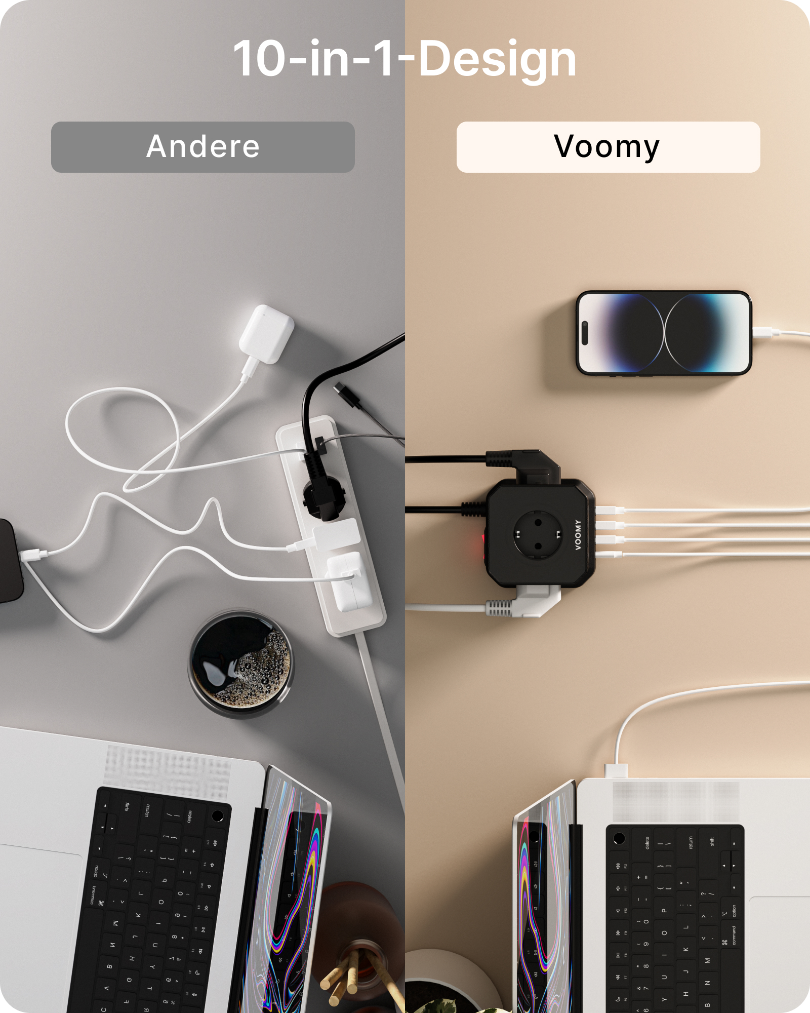 Ein Vergleich von zwei Stromleisten-Setups, eines unordentlich, eines organisiert.