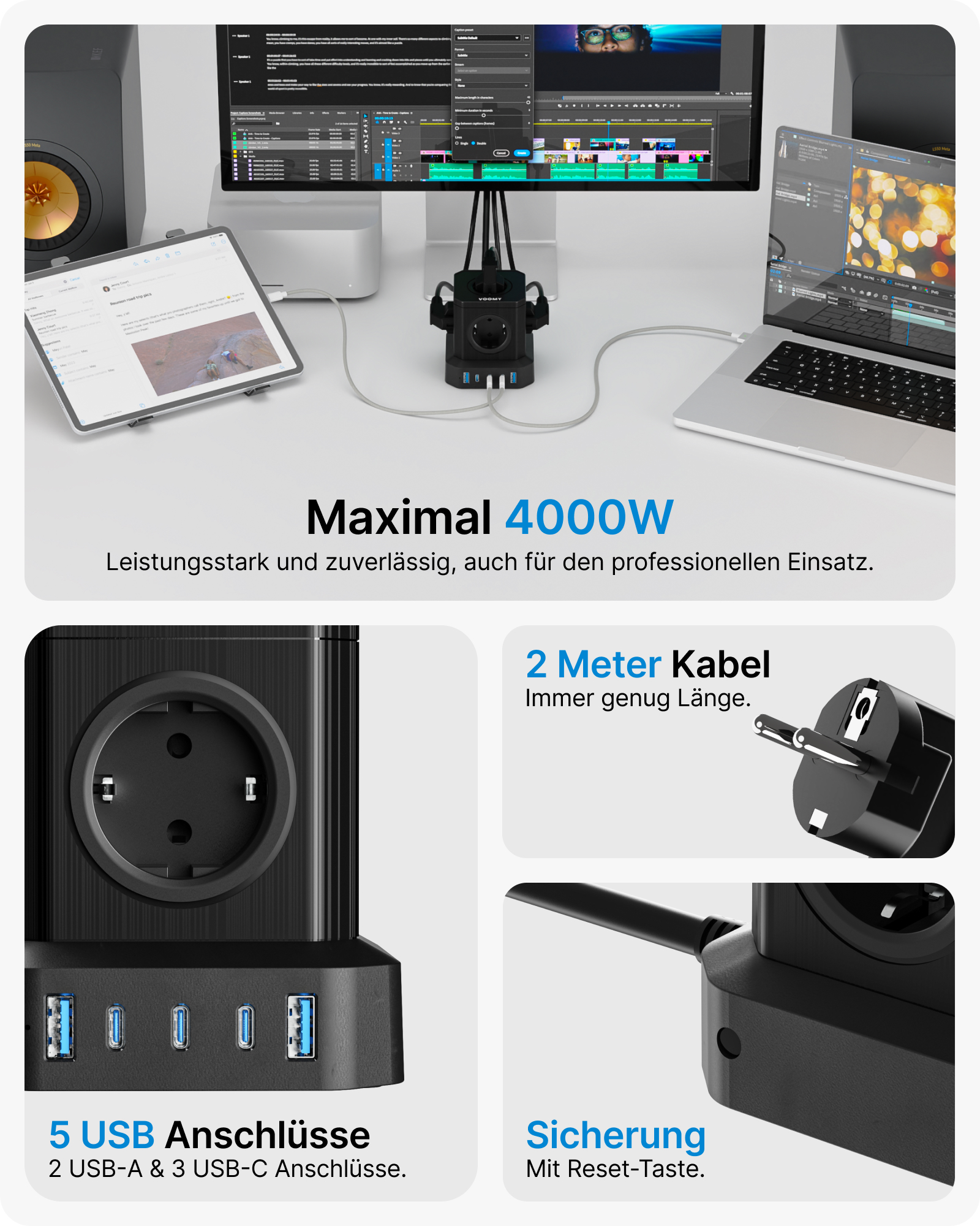 Schwarze Steckdosenleiste mit 5 USB-Anschlüssen und einem Netzstecker. Text: Maximal 4000W. 2-Meter-Kabel.