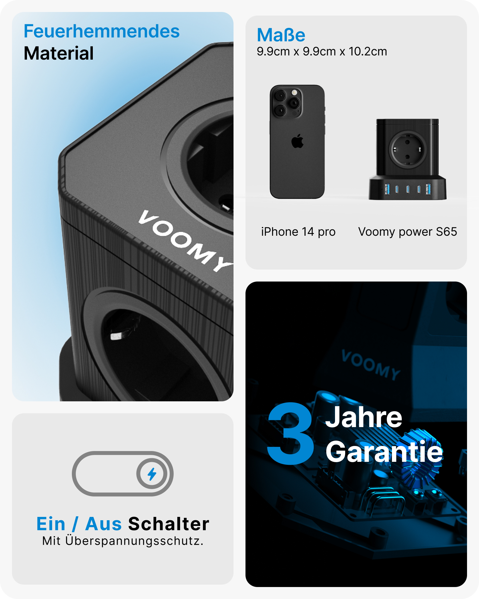 Schwarze Steckdosenleiste mit Steckdosen und ein schwarzes Telefon. Textbezeichnungen: Material, Abmessungen und Schalter.