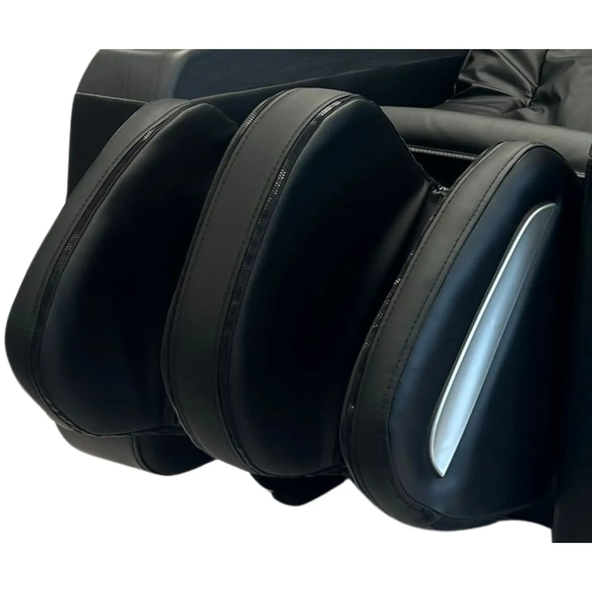 Black massage chair parts. Back and side parts with zippers and silver accents.