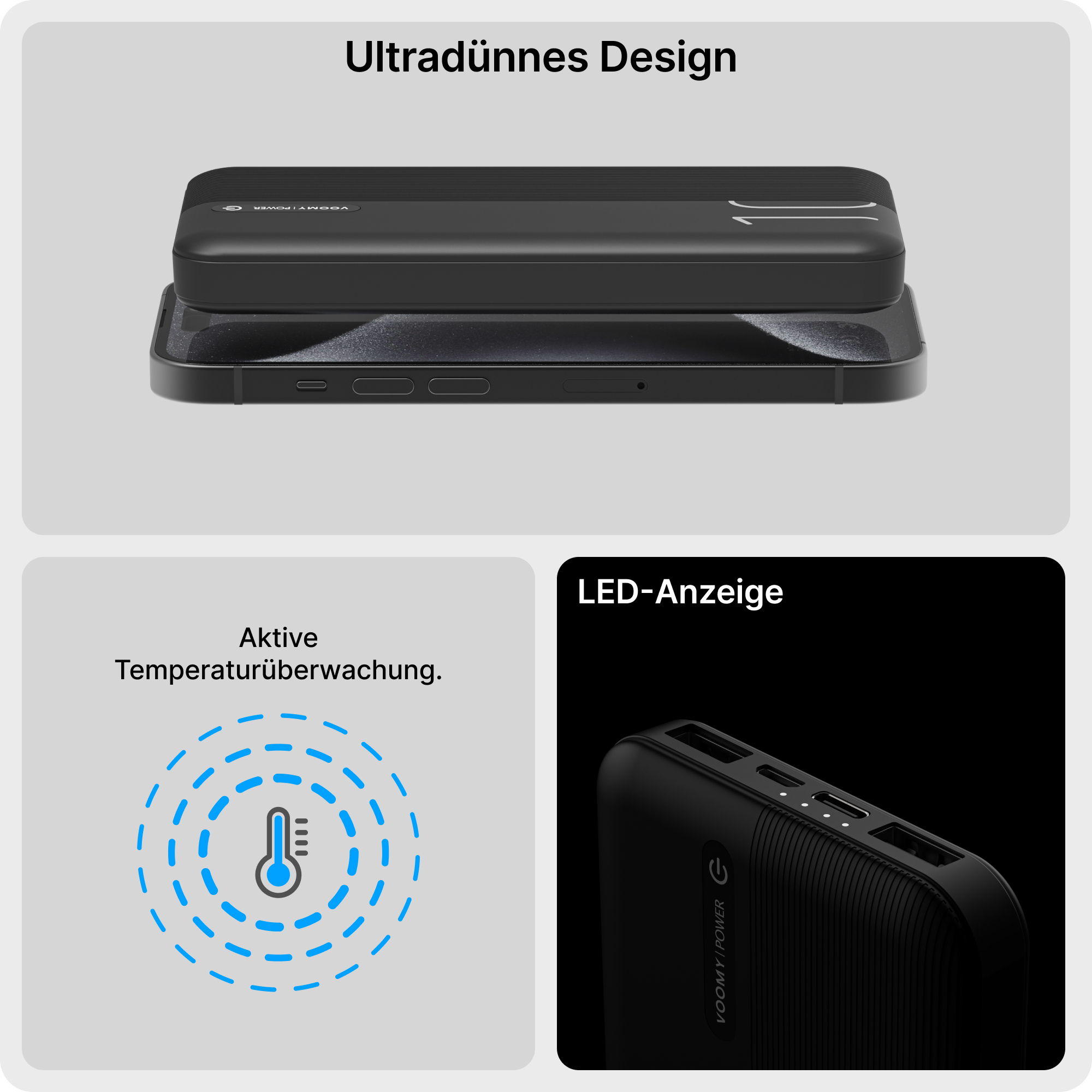 Power bank nero su una superficie grigio scuro. Testo: Design ultrasottile, Monitoraggio attivo della temperatura.