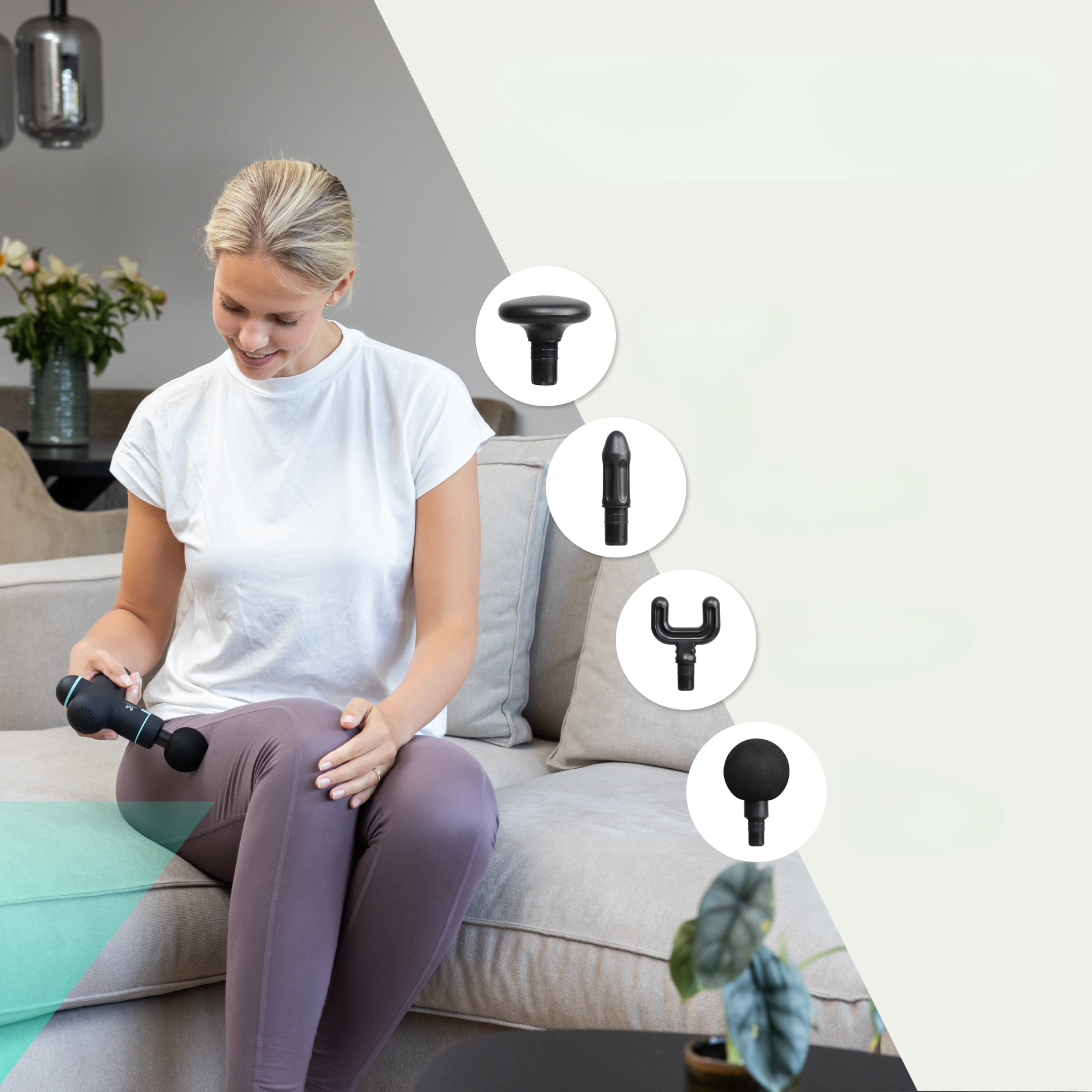 Woman using a black massage gun on her thigh, with attachments shown.