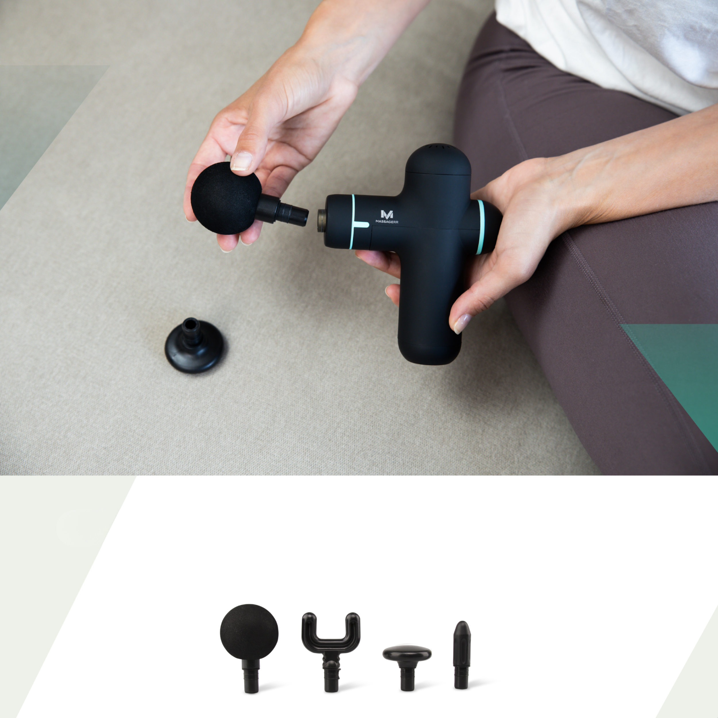 Woman's hands assembling a black massage gun with attachments. Additional attachments are beside.