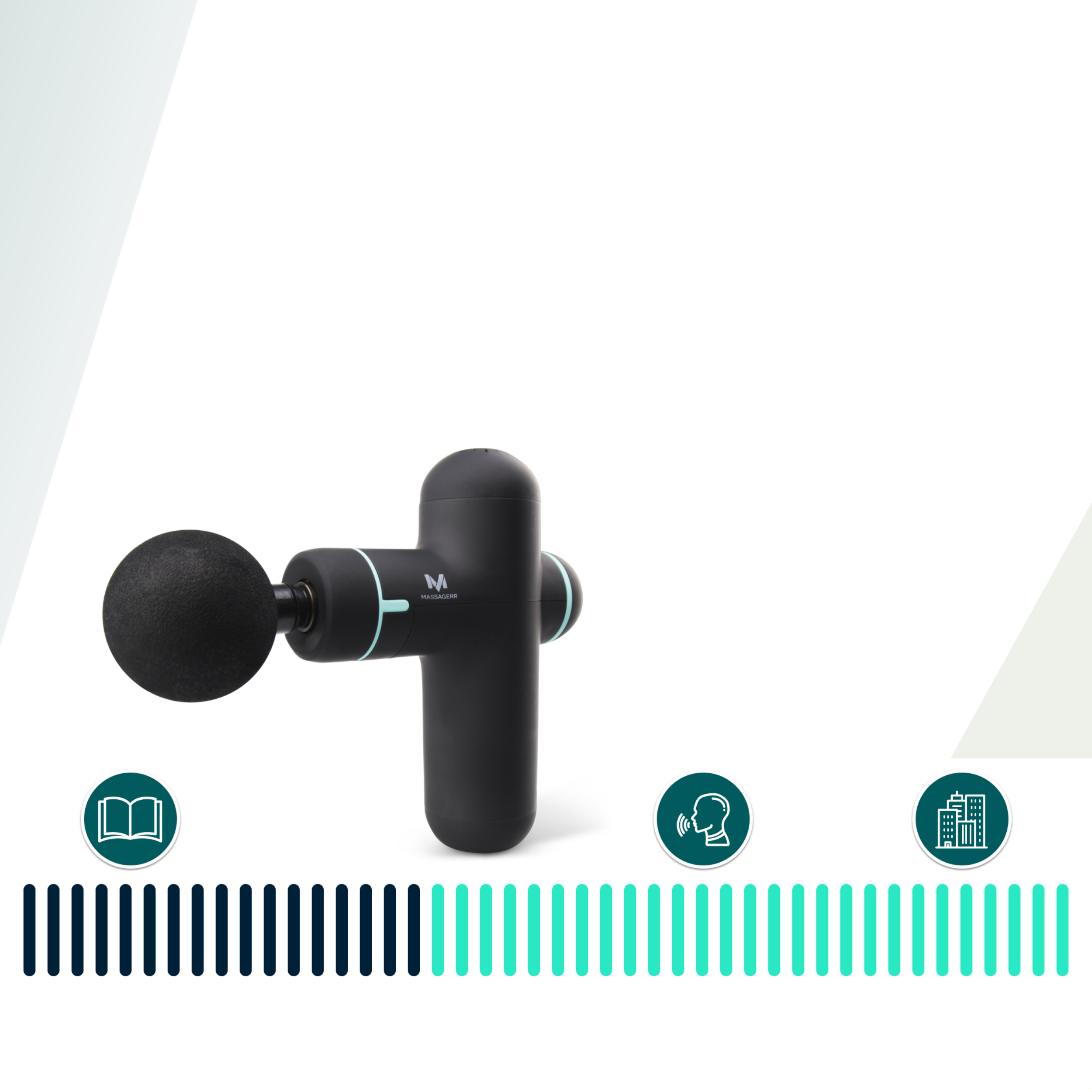 A black massage gun with a round attachment, with icons and text around it.