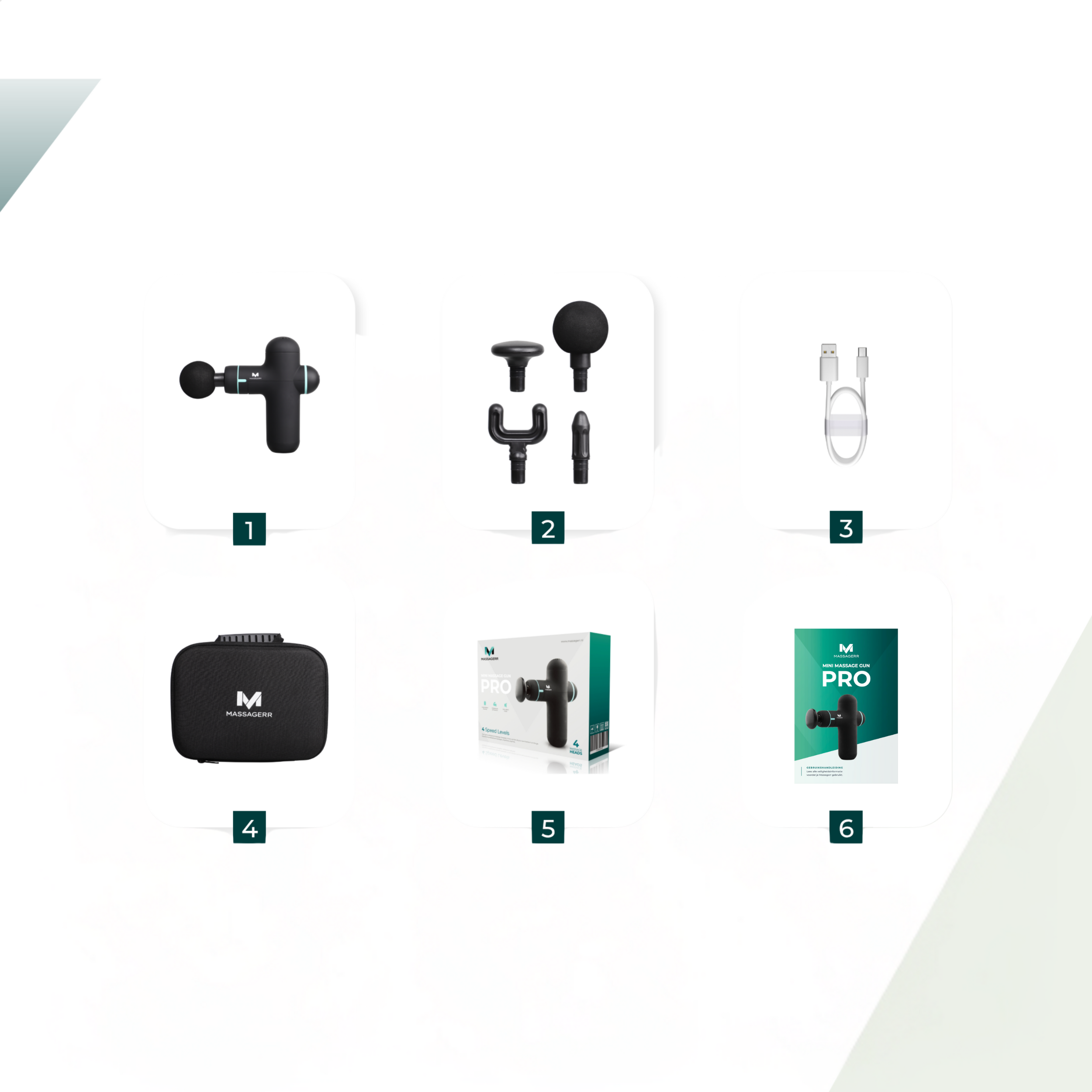 Six images of a black massage gun with accessories and packaging.