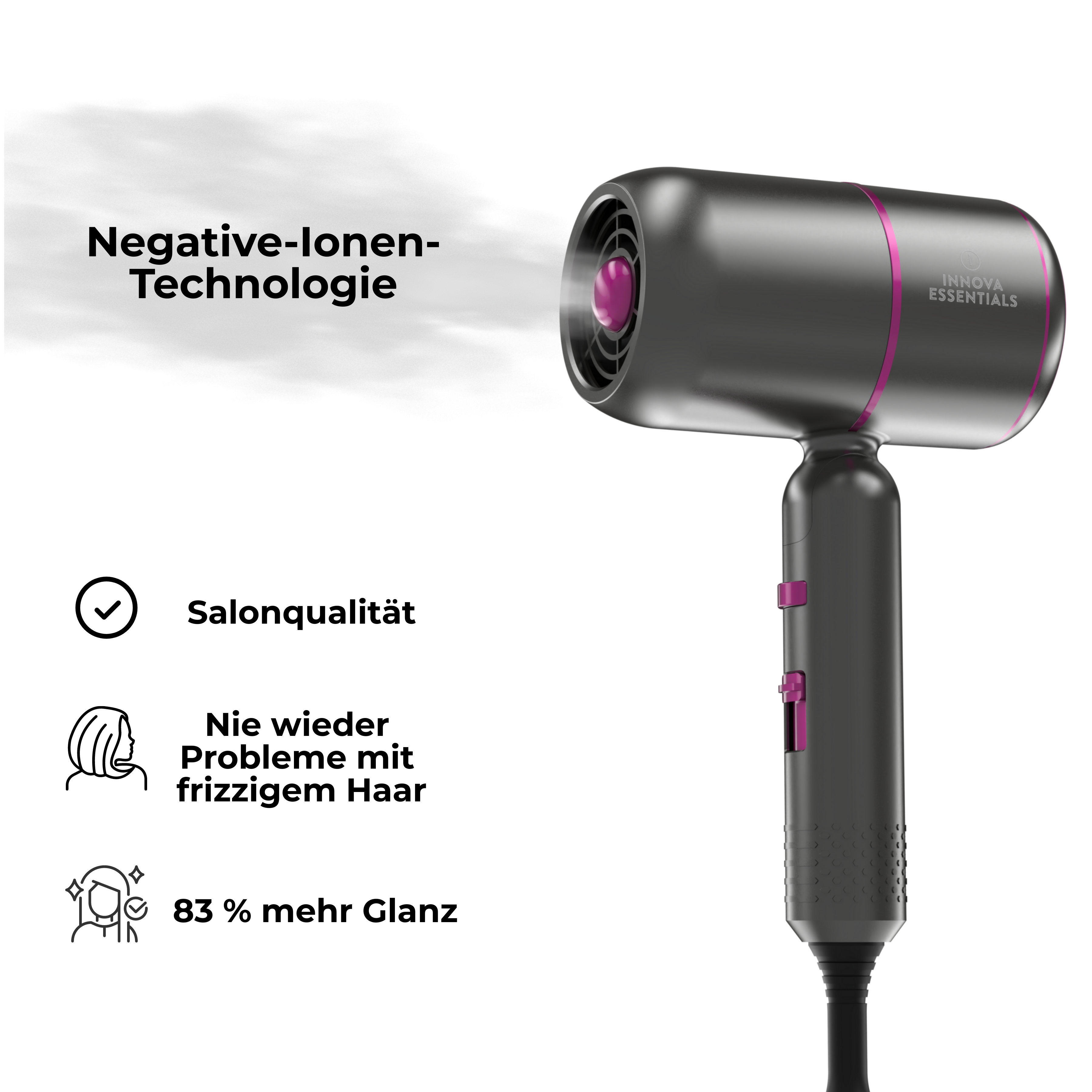 Ein schwarz-rosa Haartrockner mit Text über die Negativ-Ionen-Technologie.