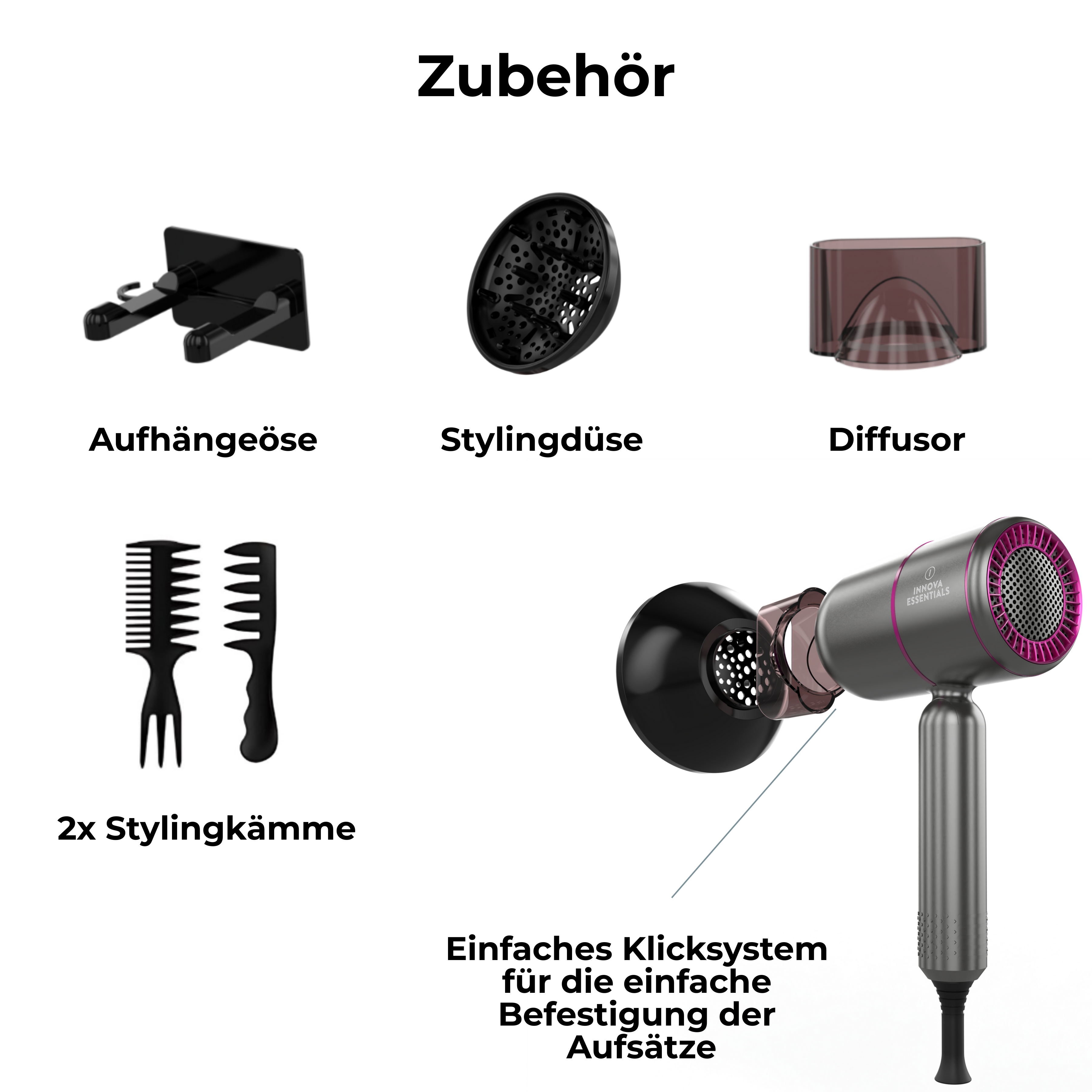 Zubehör für einen Haartrockner: eine Wandhalterung, eine Stylingdüse, ein Diffusor und zwei Stylingkämme.
