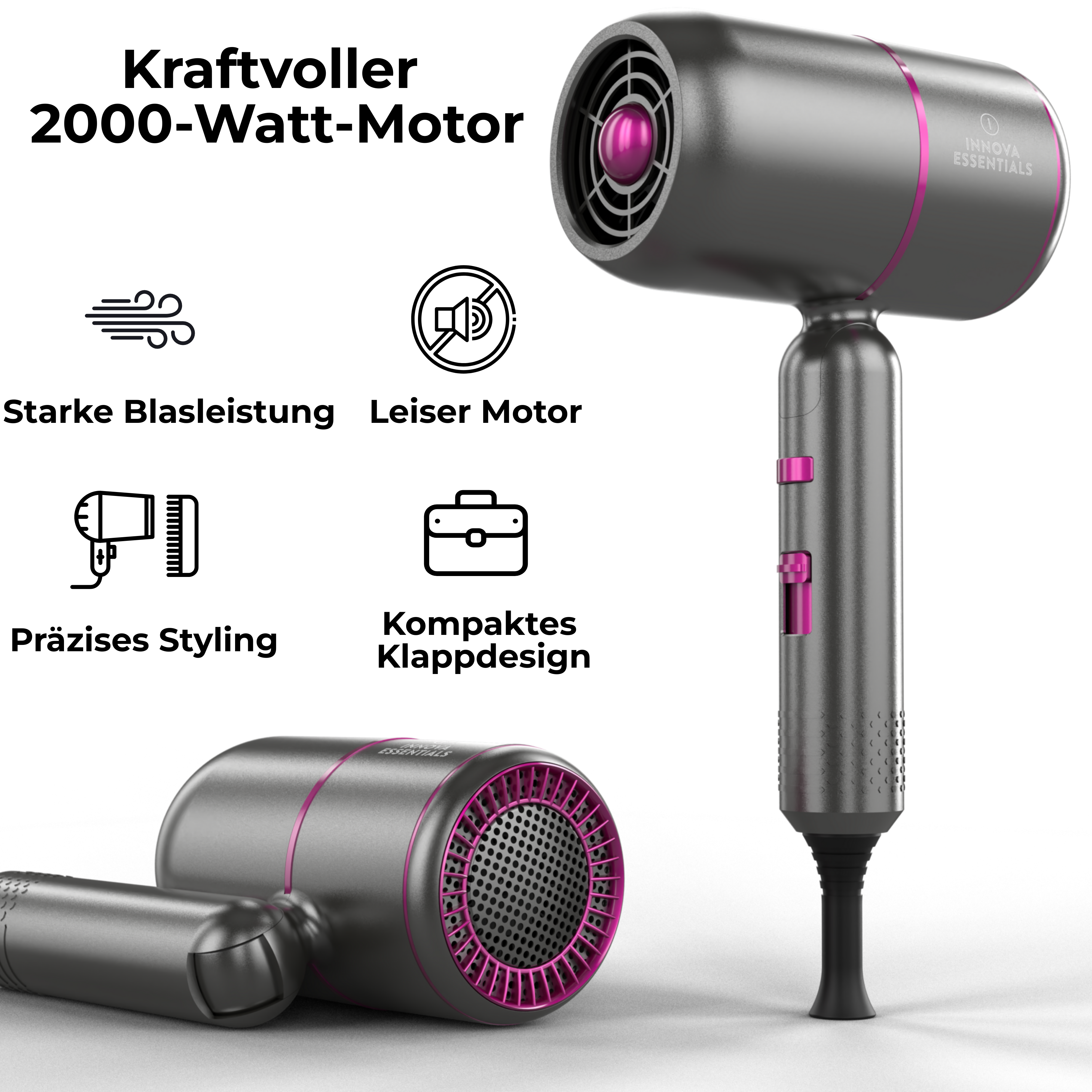 Ein Haartrockner mit Text über seine Funktionen.