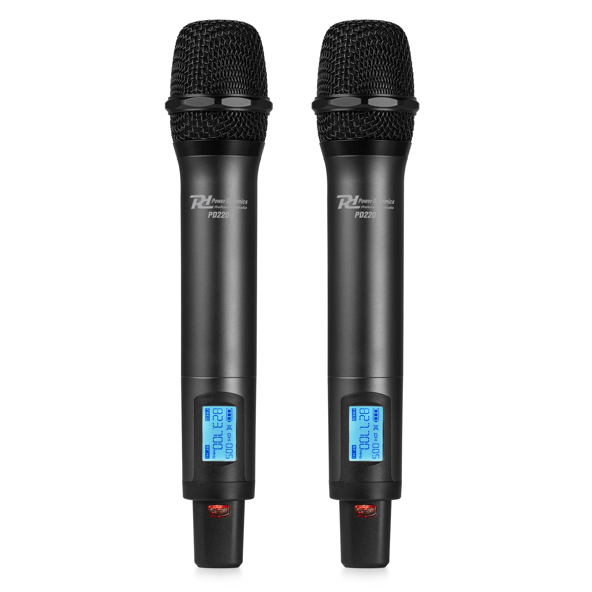 Twee zwarte microfoons met een display en een rode aan/uit-knop.