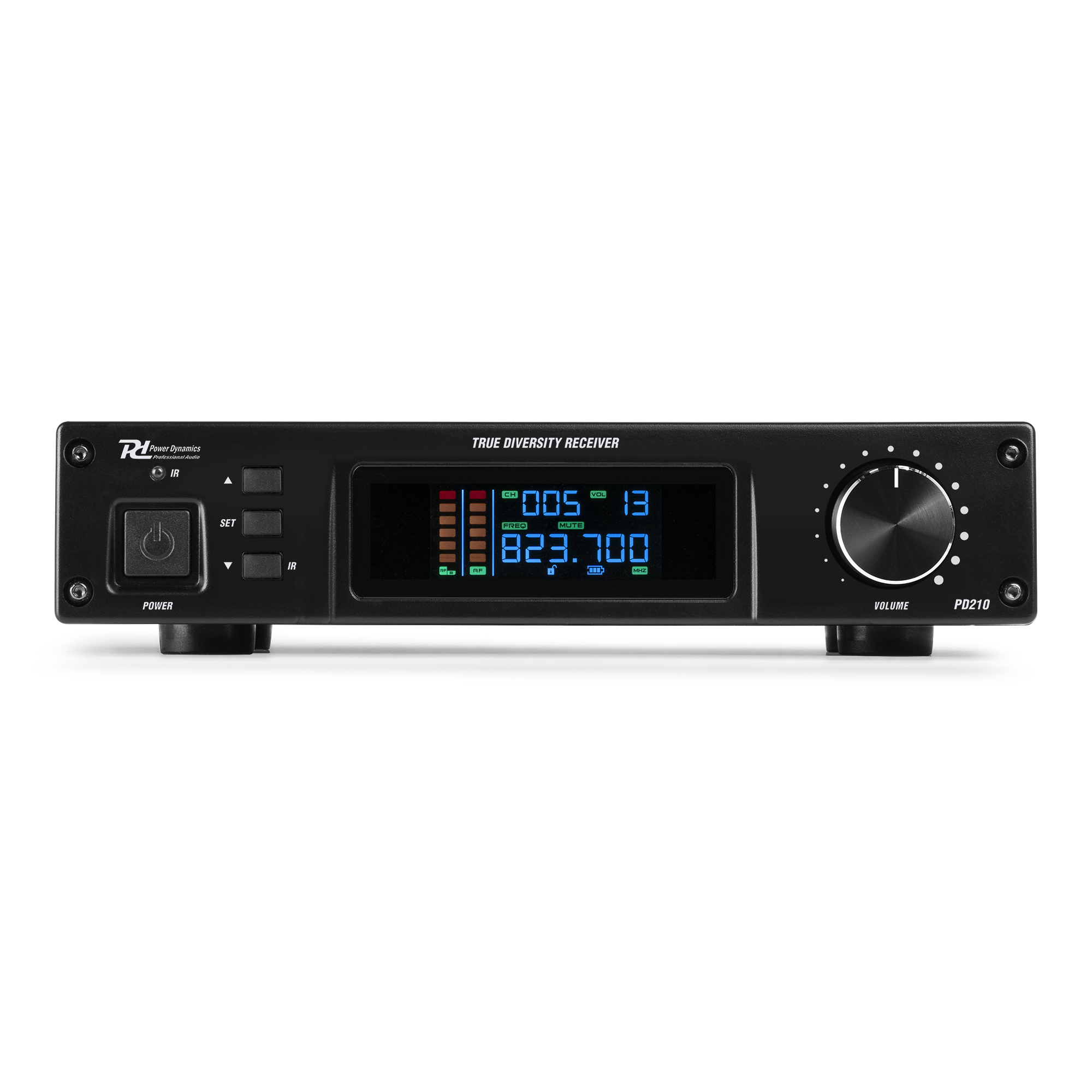 Zwarte audio-ontvanger met een display, knoppen en een volumeknop.