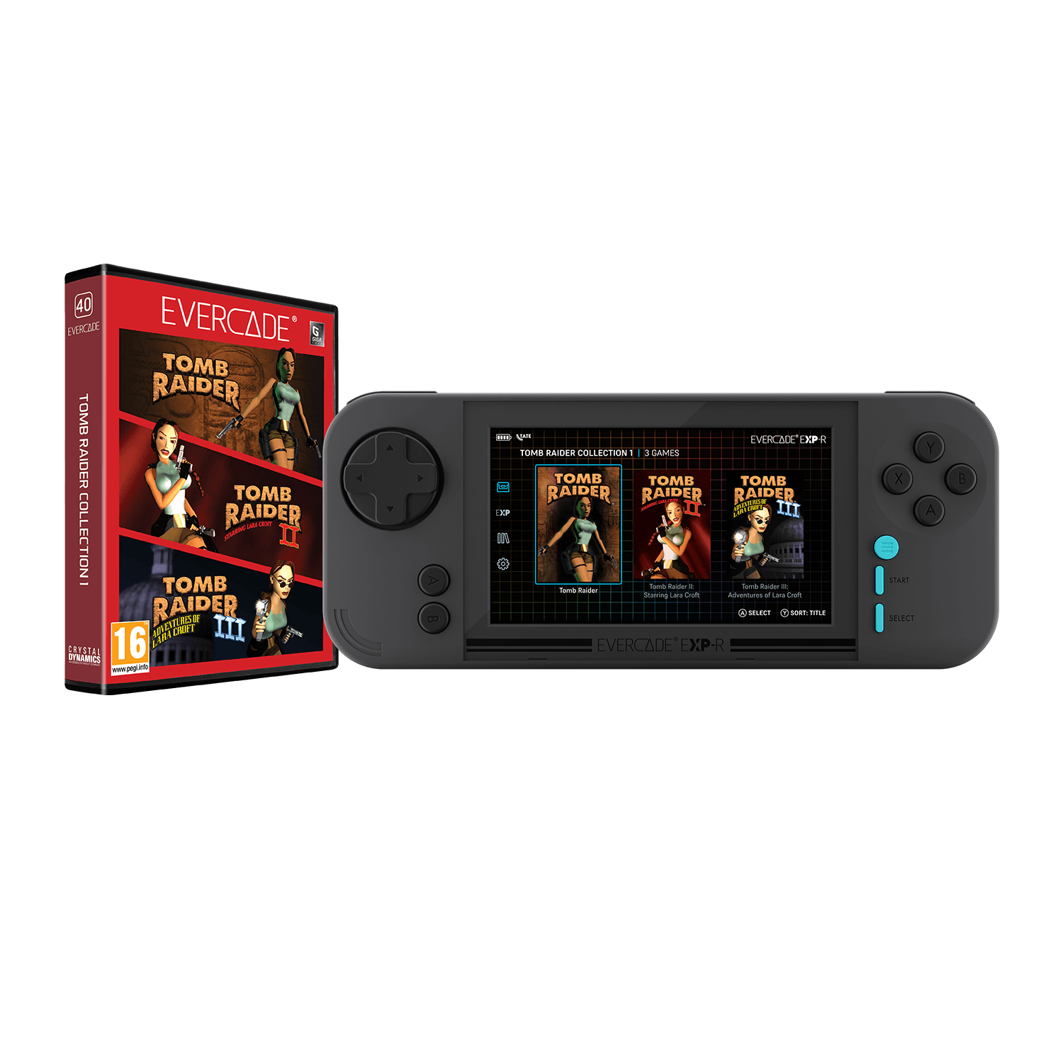 Una consola de juegos portátil Evercade con juegos de Tomb Raider. La consola es gris.