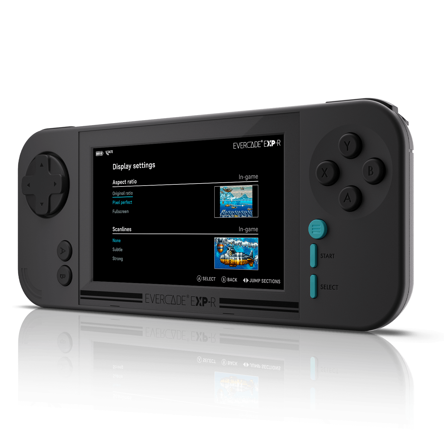 Un dispositivo de juego portátil negro con una pantalla que muestra un juego. Tiene botones y un panel direccional.