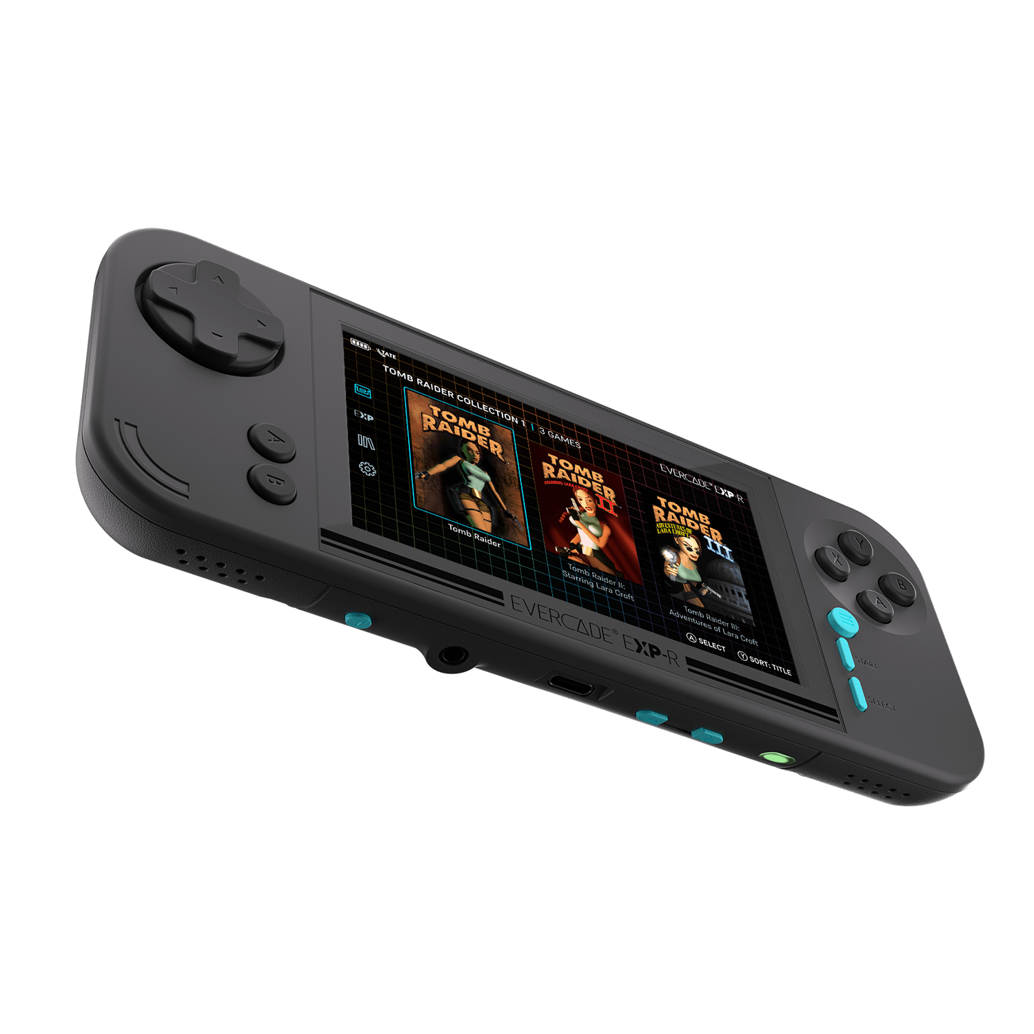 Una consola de juegos portátil que muestra Tomb Raider. La consola es negra y gris.