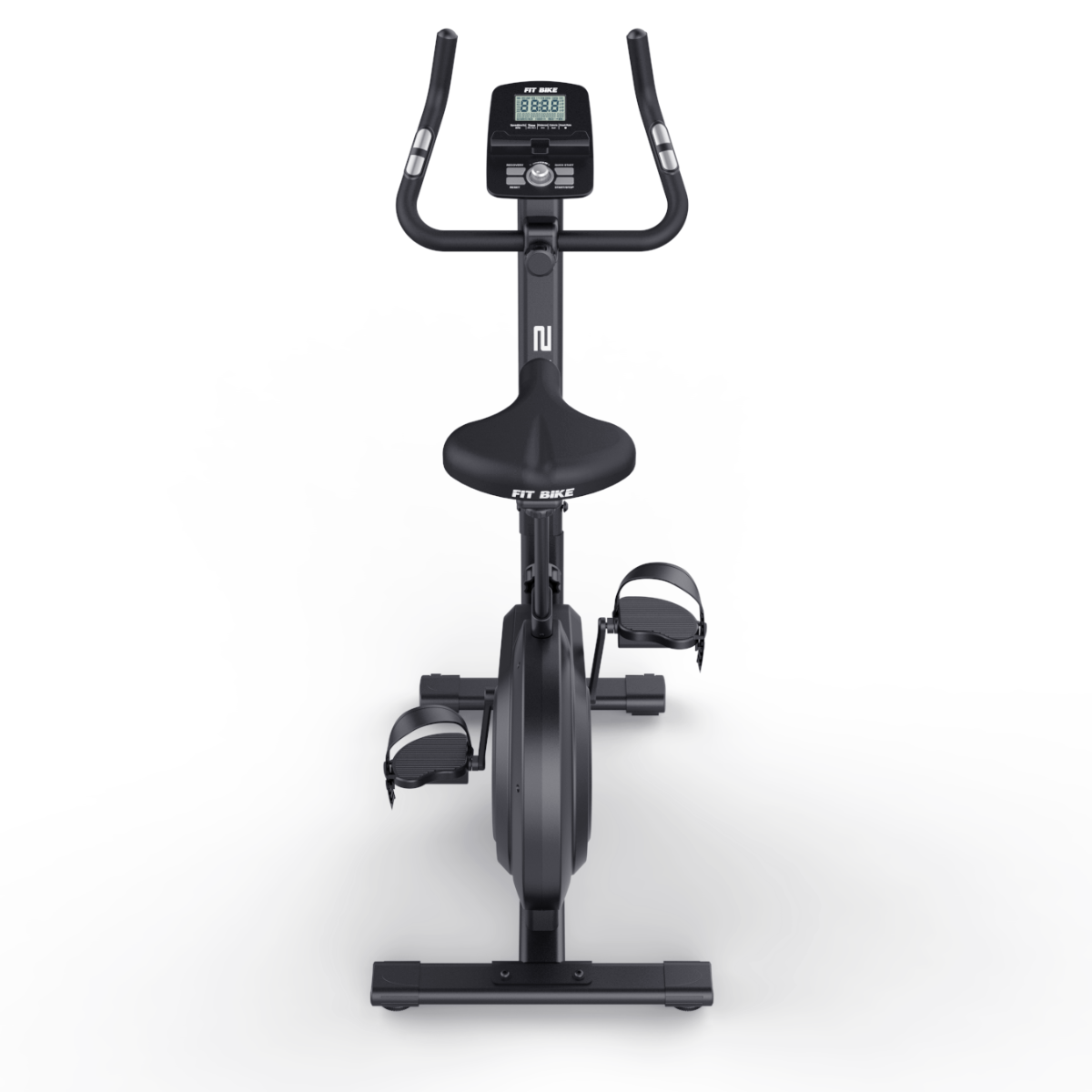A stationary exercise bike, black. It has a digital display and adjustable handlebars.