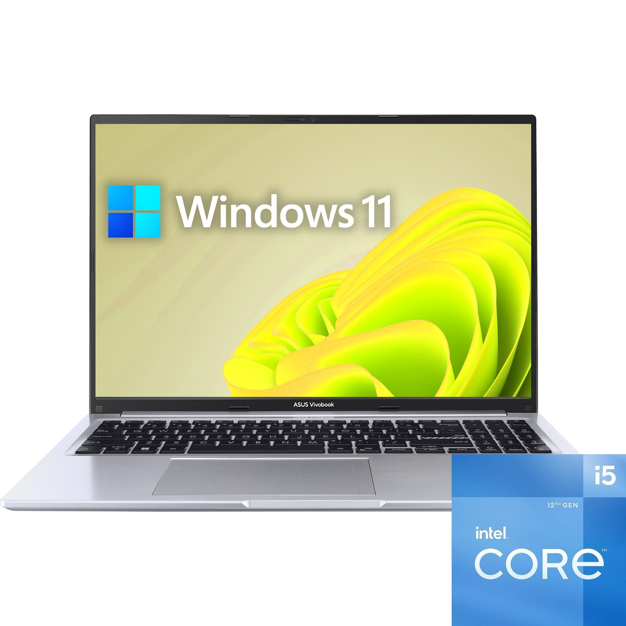 Silberner Laptop mit Windows 11-Logo, schwarzer Tastatur und einem Intel Core i5-Aufkleber.