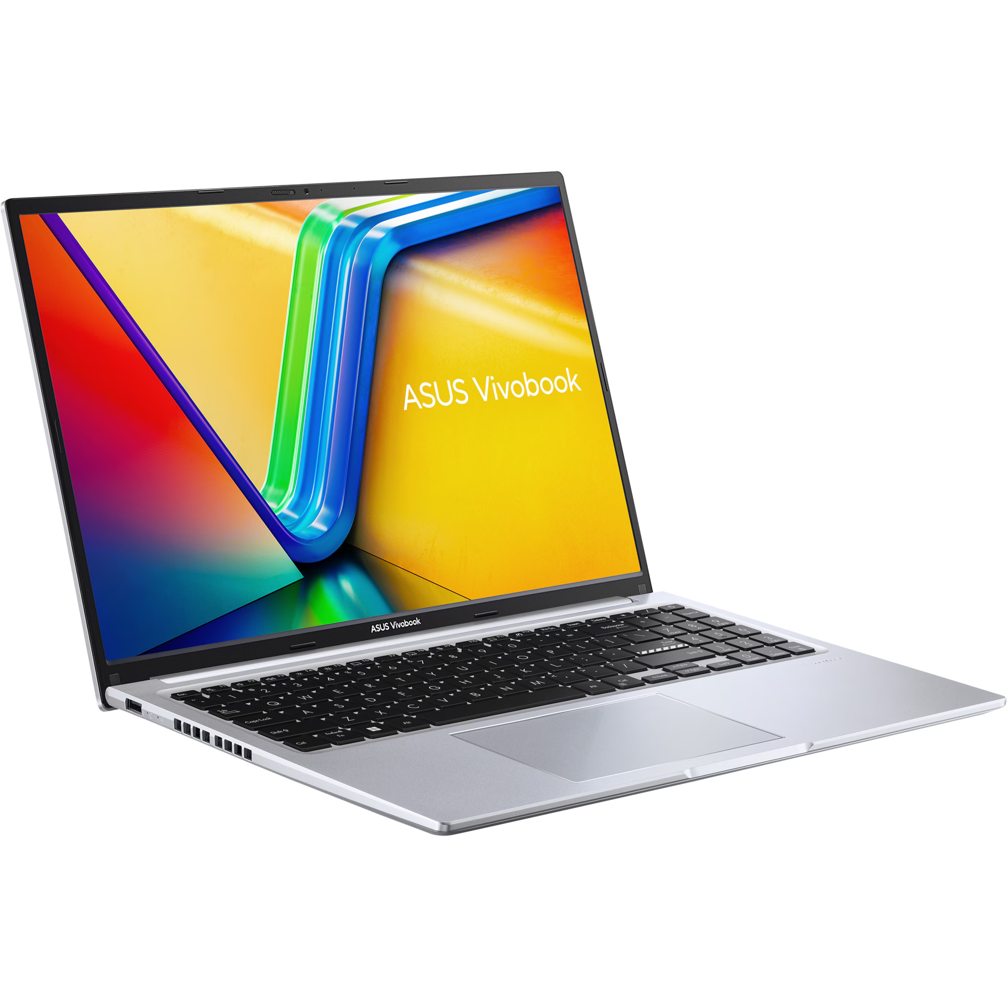 Silberner Asus Vivobook Laptop, angewinkelt, mit hellem Bildschirm und schwarzer Tastatur.