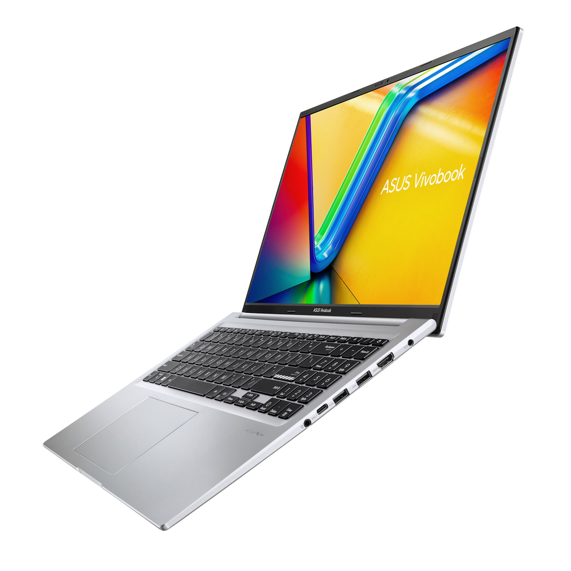 Silberner Laptop mit farbenfrohem Bildschirm, geöffnet auf weißer Oberfläche. ASUS Vivobook sichtbar.