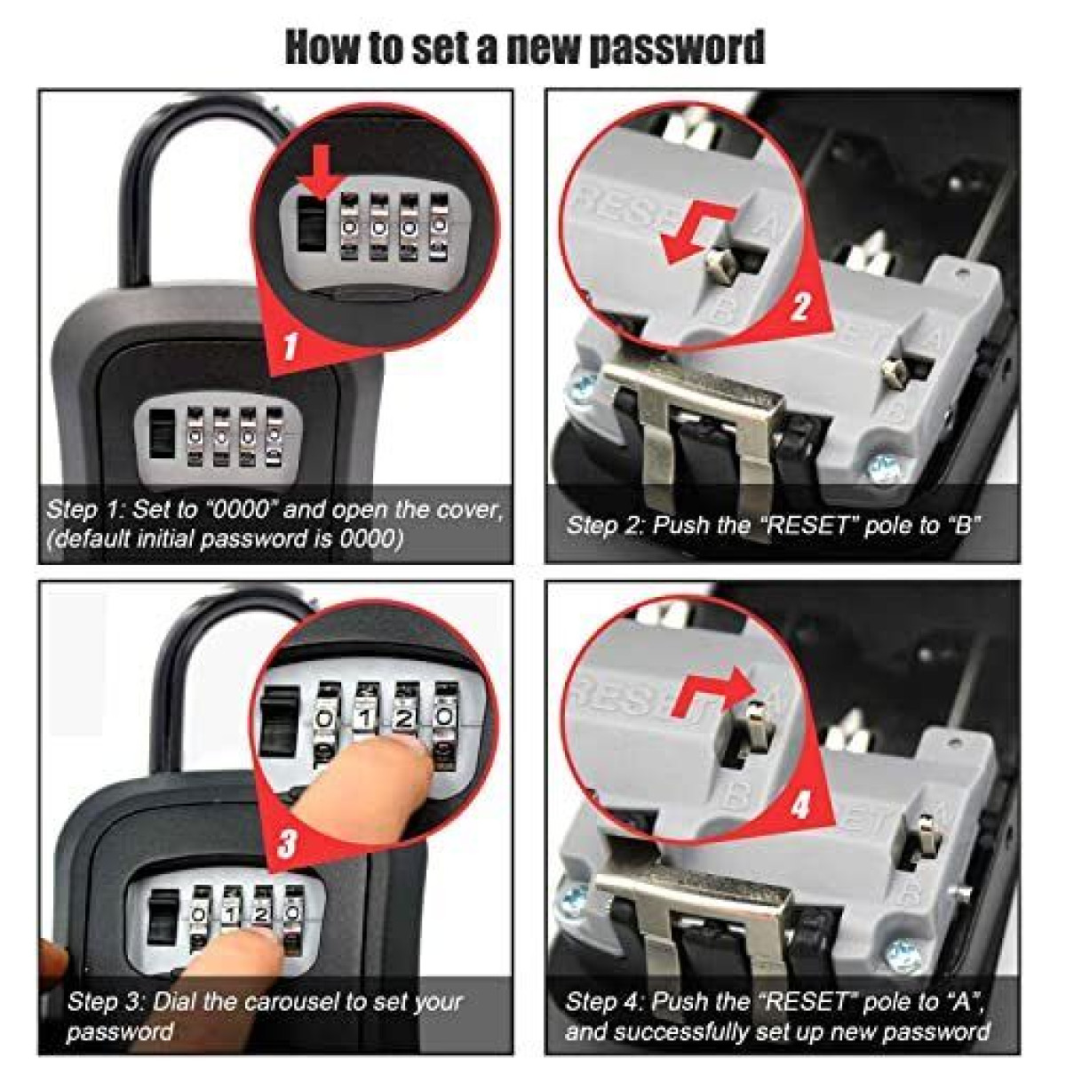 Obrazek z czterema panelami pokazujący, jak ustawić nowe hasło w sejfie na klucze, z instrukcjami krok po kroku i zbliżeniami.