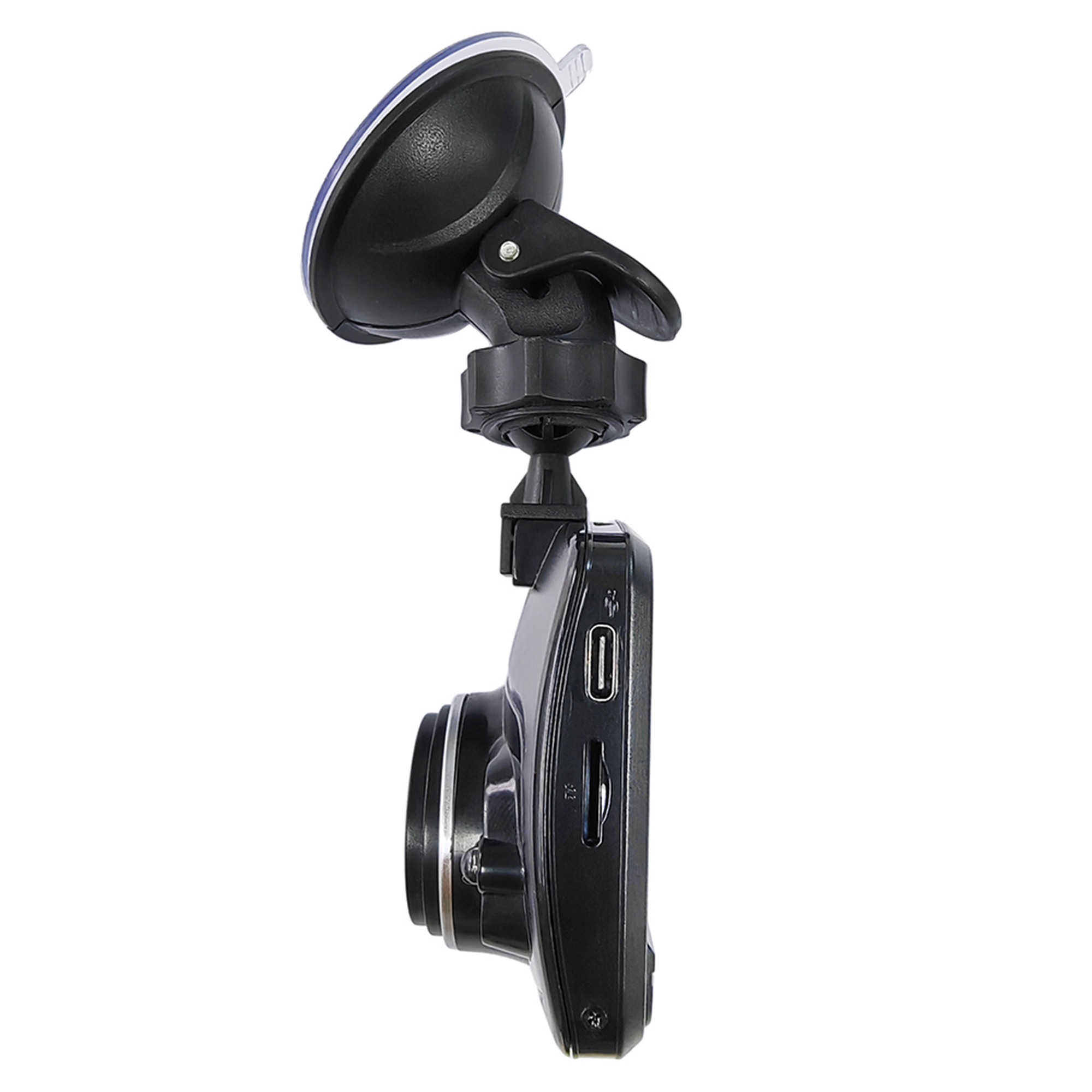 A black car dash cam with a suction mount.